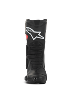 Botas Alpinestars SMX-6 V3 Drystar®, botas de moto de alto rendimiento, negro y rojo, vista frontal con un gran logotipo blanco en la espinilla, zonas de flexión delanteras texturizadas y diseño protector estilizado