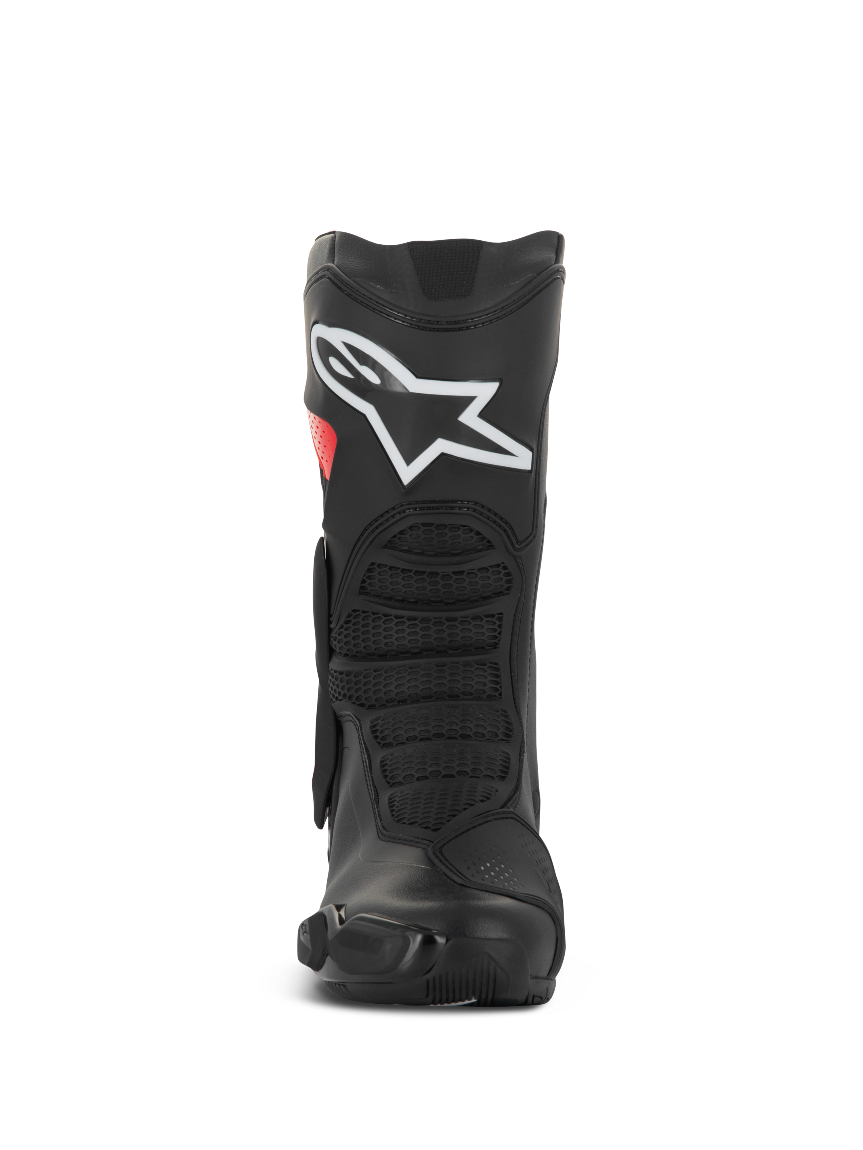 Botas Alpinestars SMX-6 V3 Drystar®, botas de moto de alto rendimiento, negro y rojo, vista frontal con un gran logotipo blanco en la espinilla, zonas de flexión delanteras texturizadas y diseño protector estilizado