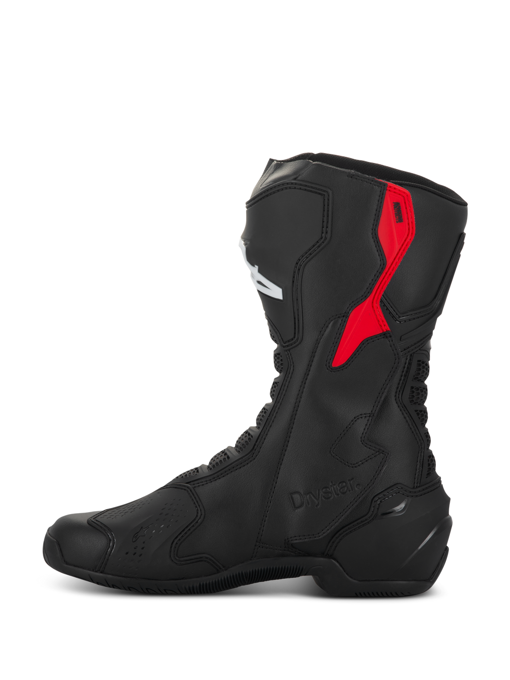 Botas Alpinestars SMX-6 V3 Drystar, botas de moto de alto rendimiento, negro y rojo, con un protector de TPU rojo en la parte superior de la pantorrilla, logotipo Drystar en relieve y construcción estilizada de microfibra, vista de perfil lateral