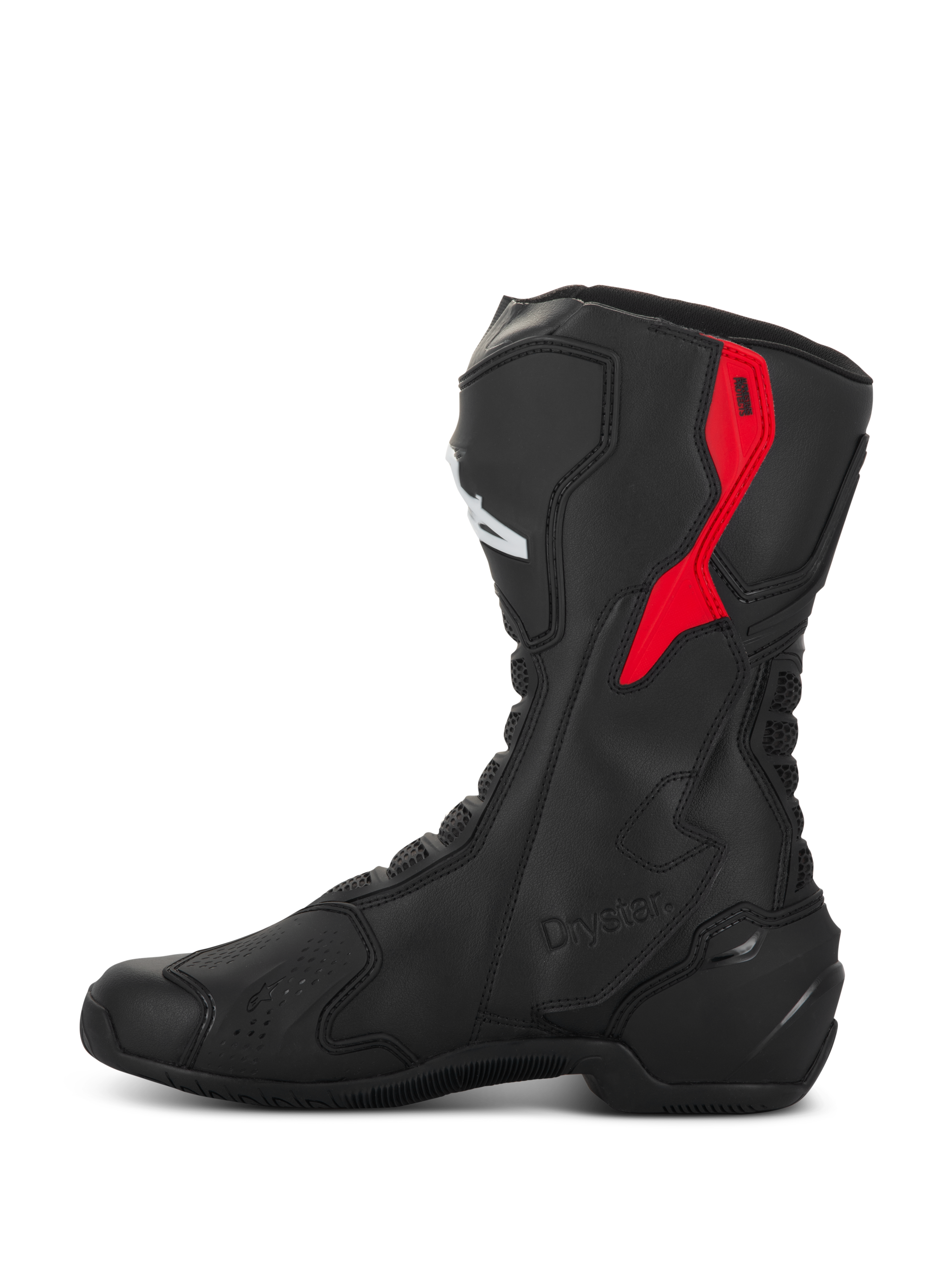 Botas Alpinestars SMX-6 V3 Drystar, botas de moto de alto rendimiento, negro y rojo, con un protector de TPU rojo en la parte superior de la pantorrilla, logotipo Drystar en relieve y construcción estilizada de microfibra, vista de perfil lateral