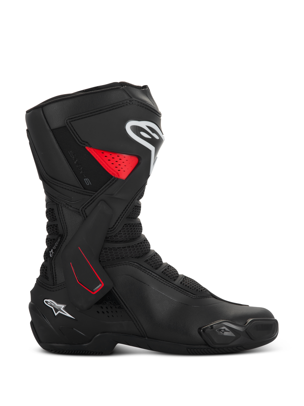 Botas Alpinestars SMX-6 V3 Drystar, botas de moto deportivas, negras con detalles rojos y blancos, vista de perfil lateral, construcción de microfibra impermeable, refuerzo de tobillo lateral en TPU con detalles rojos, logos blancos en la espinilla y el talón, deslizador de dedos integrado y zonas de flexión de malla