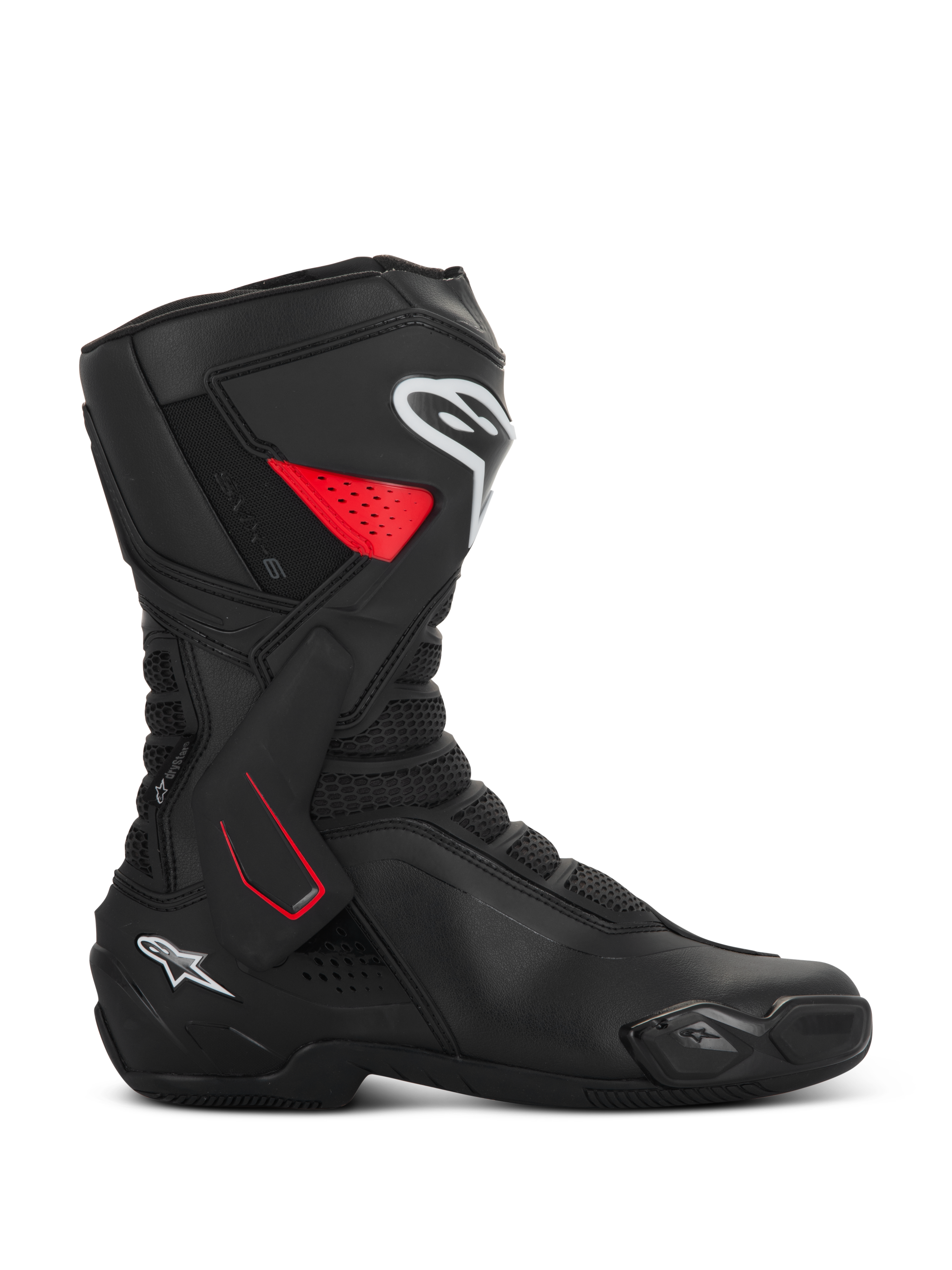Botas Alpinestars SMX-6 V3 Drystar, botas de moto deportivas, negras con detalles rojos y blancos, vista de perfil lateral, construcción de microfibra impermeable, refuerzo de tobillo lateral en TPU con detalles rojos, logos blancos en la espinilla y el talón, deslizador de dedos integrado y zonas de flexión de malla