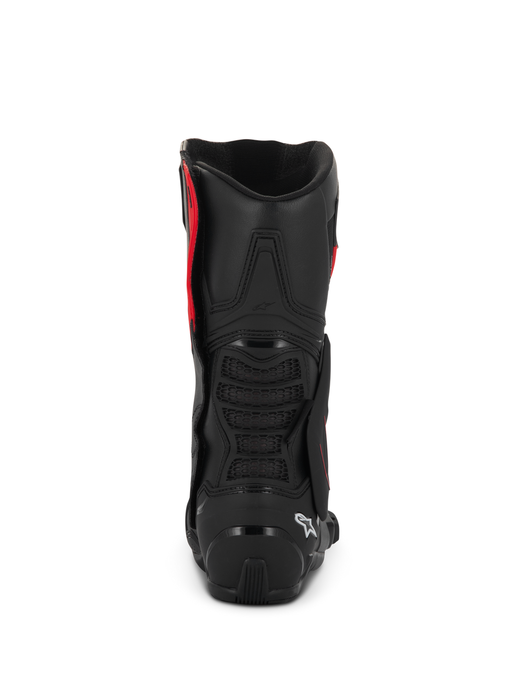 Botas Alpinestars SMX-6 V3 Drystar®, negras y rojas, vista trasera que muestra el contrafuerte del talón de TPU y la protección de la pantorrilla, calzado de alto rendimiento para motociclismo con construcción de microfibra impermeable