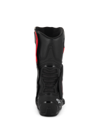 Botas Alpinestars SMX-6 V3 Drystar®, negras y rojas, vista trasera que muestra el contrafuerte del talón de TPU y la protección de la pantorrilla, calzado de alto rendimiento para motociclismo con construcción de microfibra impermeable