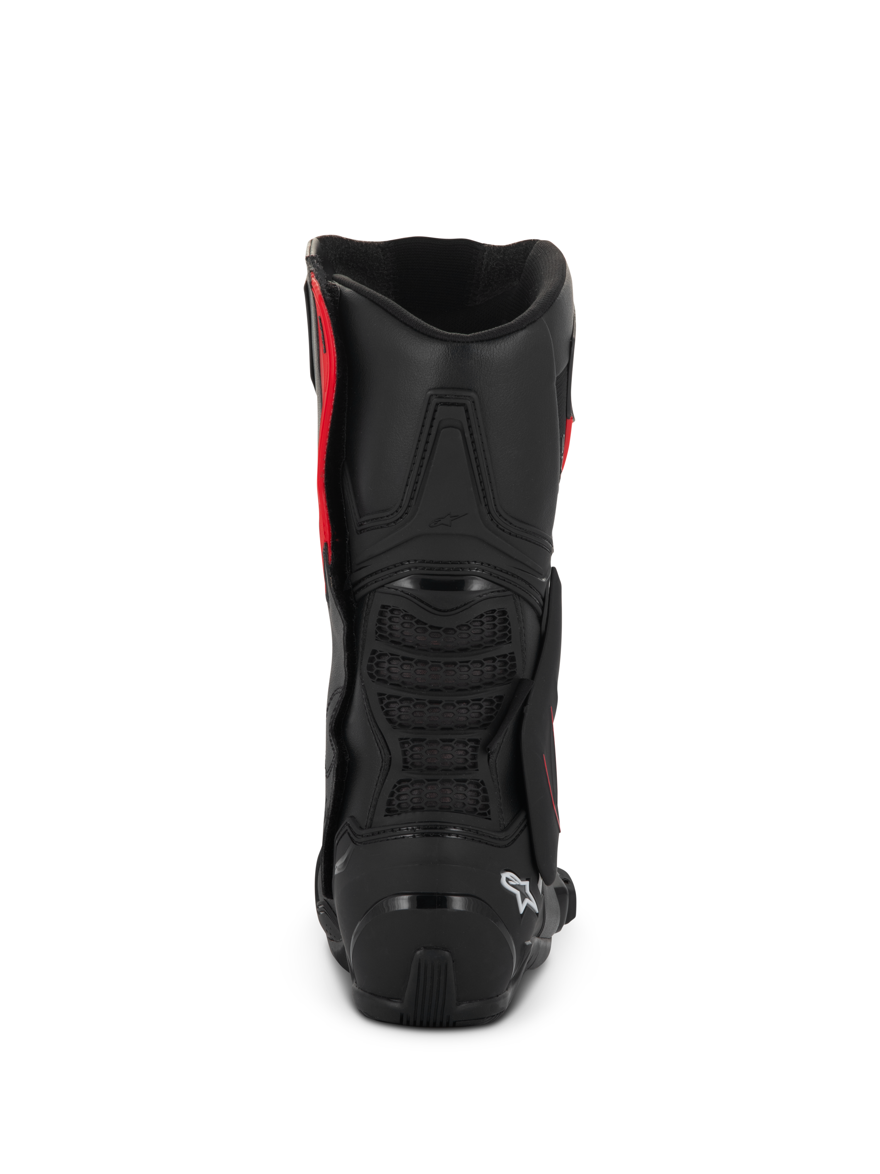 Botas Alpinestars SMX-6 V3 Drystar®, negras y rojas, vista trasera que muestra el contrafuerte del talón de TPU y la protección de la pantorrilla, calzado de alto rendimiento para motociclismo con construcción de microfibra impermeable