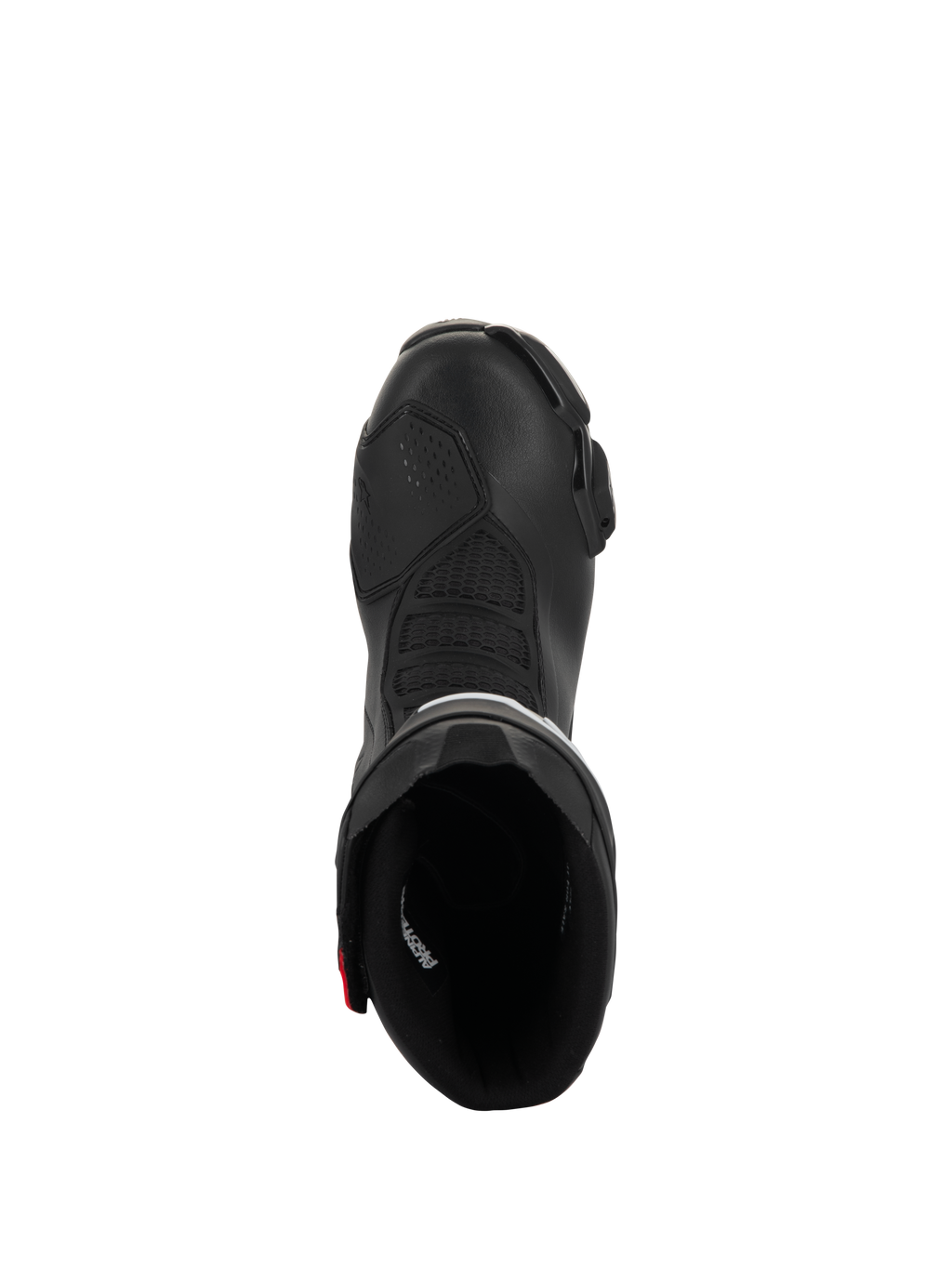 Botas Alpinestars SMX-6 V3 Drystar, botas de alto rendimiento para motocicleta, negras con detalles rojos, vista superior mirando hacia el interior de la apertura de la bota, con zonas de flexión texturizadas y construcción de microfibra
