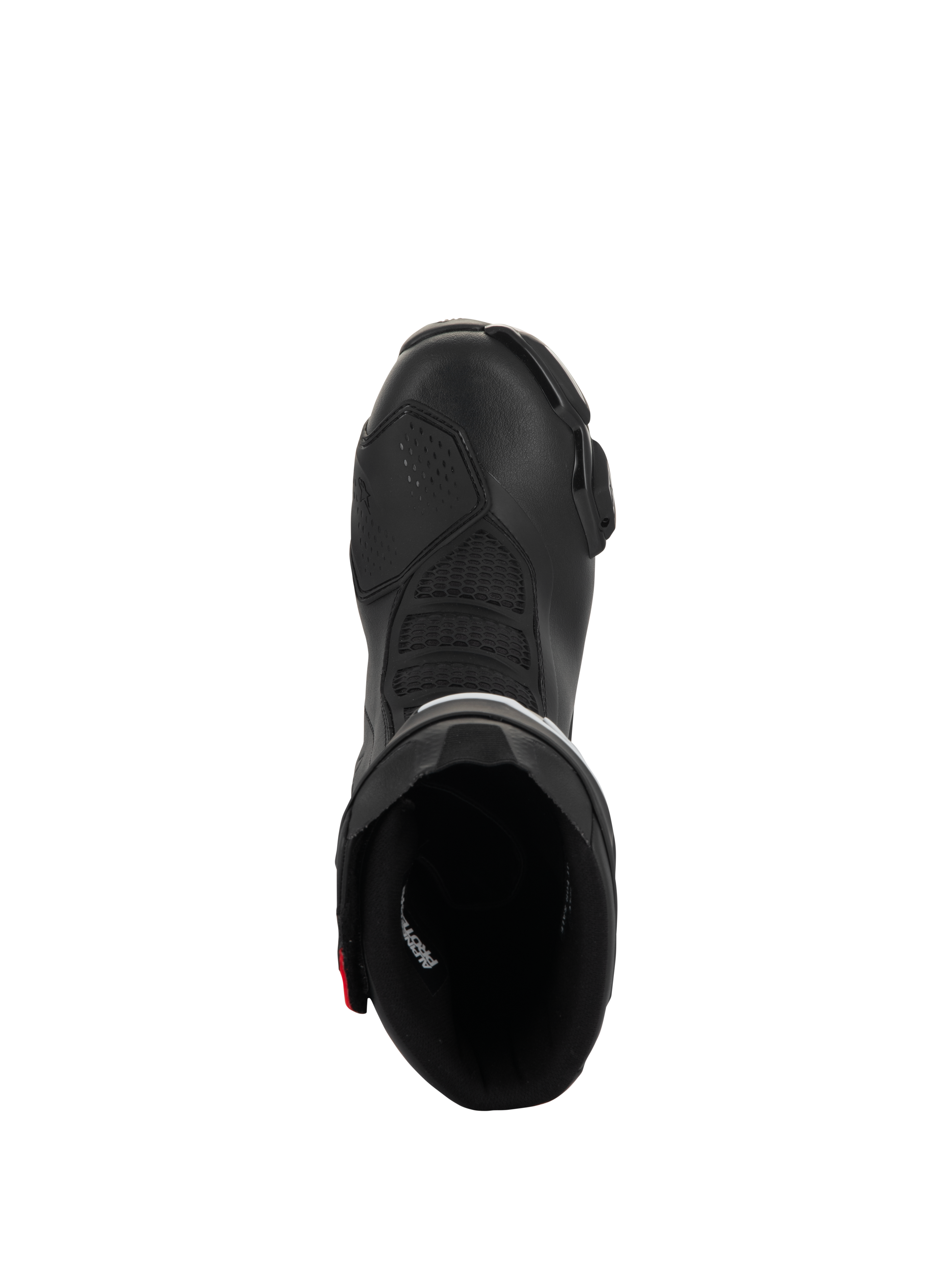 Botas Alpinestars SMX-6 V3 Drystar, botas de alto rendimiento para motocicleta, negras con detalles rojos, vista superior mirando hacia el interior de la apertura de la bota, con zonas de flexión texturizadas y construcción de microfibra