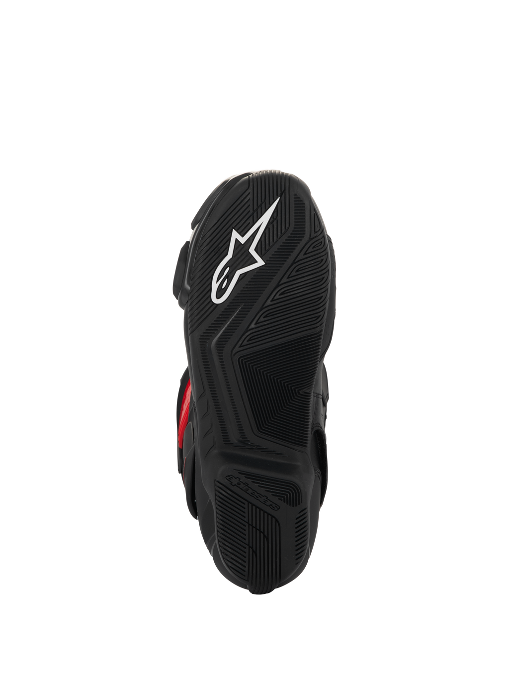 Botas Alpinestars SMX-6 V3 Drystar®, vista de la suela, caucho negro texturizado para agarre, con el logotipo de la estrella blanca y la marca Alpinestars en relieve, calzado de motociclismo de alto rendimiento.