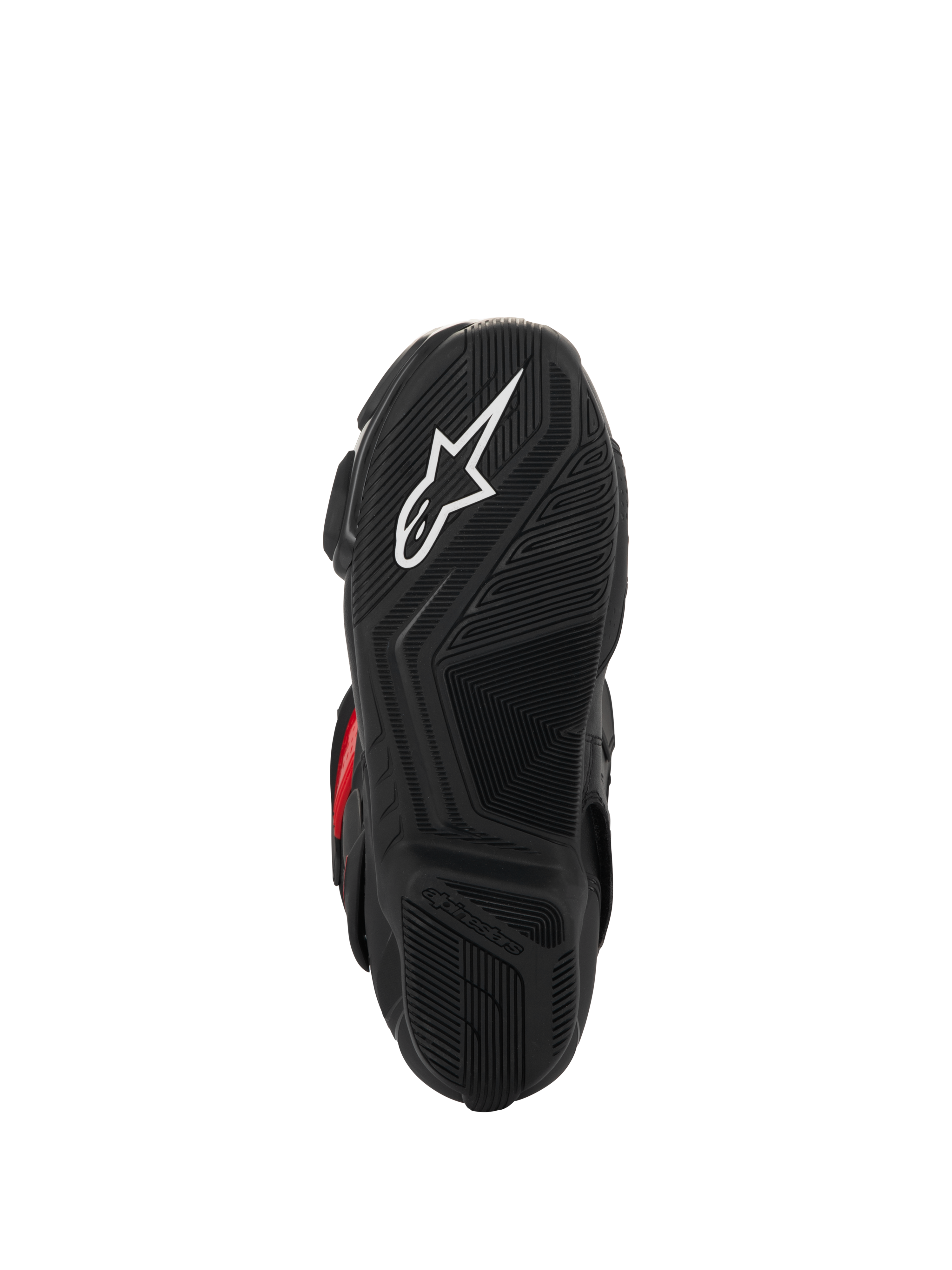 Botas Alpinestars SMX-6 V3 Drystar®, vista de la suela, caucho negro texturizado para agarre, con el logotipo de la estrella blanca y la marca Alpinestars en relieve, calzado de motociclismo de alto rendimiento.