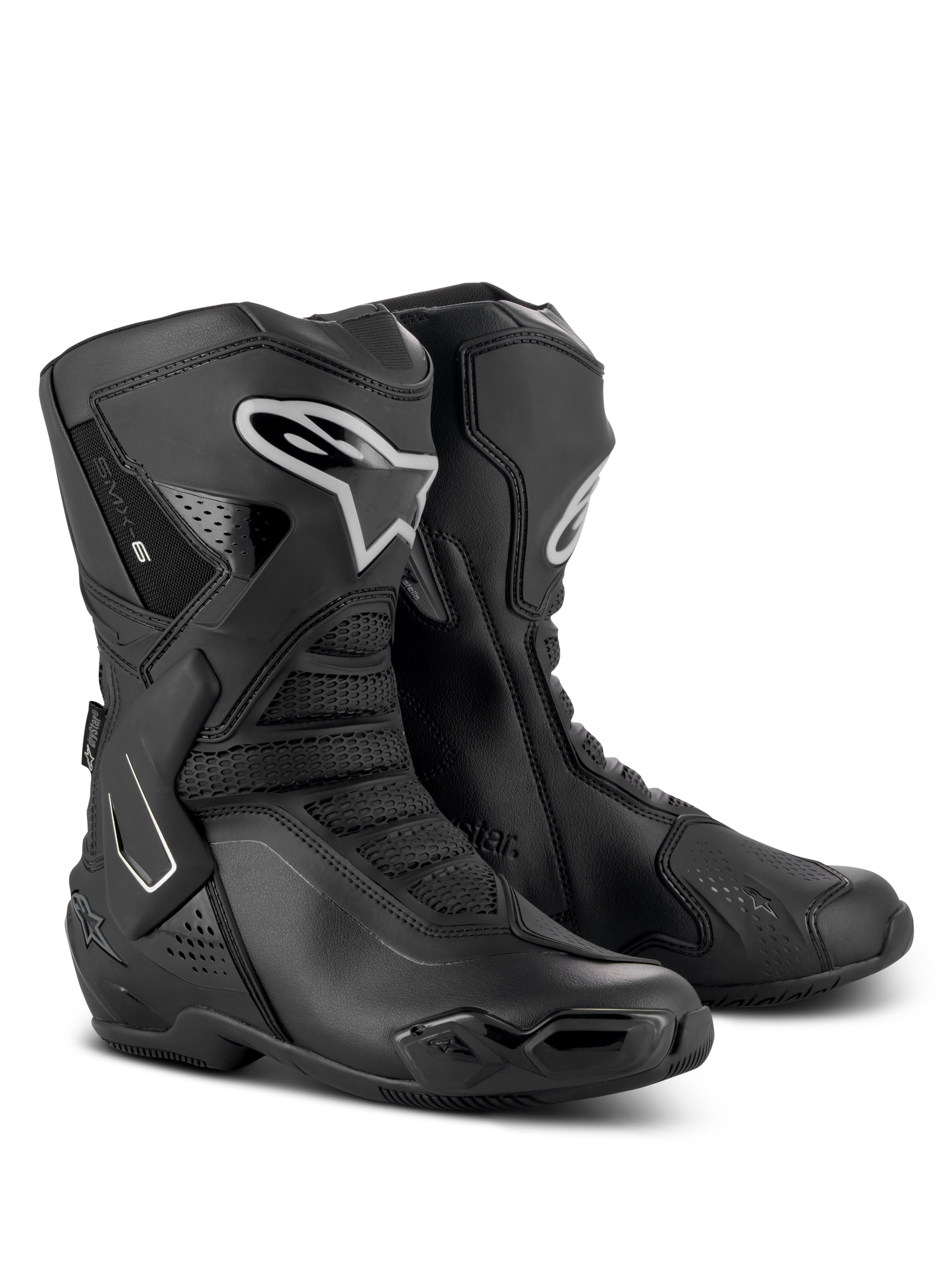 Botas Alpinestars Stella SMX-6 V3 Drystar, botas de alto rendimiento para mujer, color negro y plata, parte superior de microfibra impermeable con protección de TPU, diseño derivado de las carreras para circuito y calle