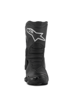 Botas Alpinestars Stella SMX-6 V3 Drystar®, botas de moto para mujer, negro y plateado, vista frontal con un prominente logotipo Astar blanco en la espinillera, construcción de microfibra avanzada con zonas protectoras texturizadas