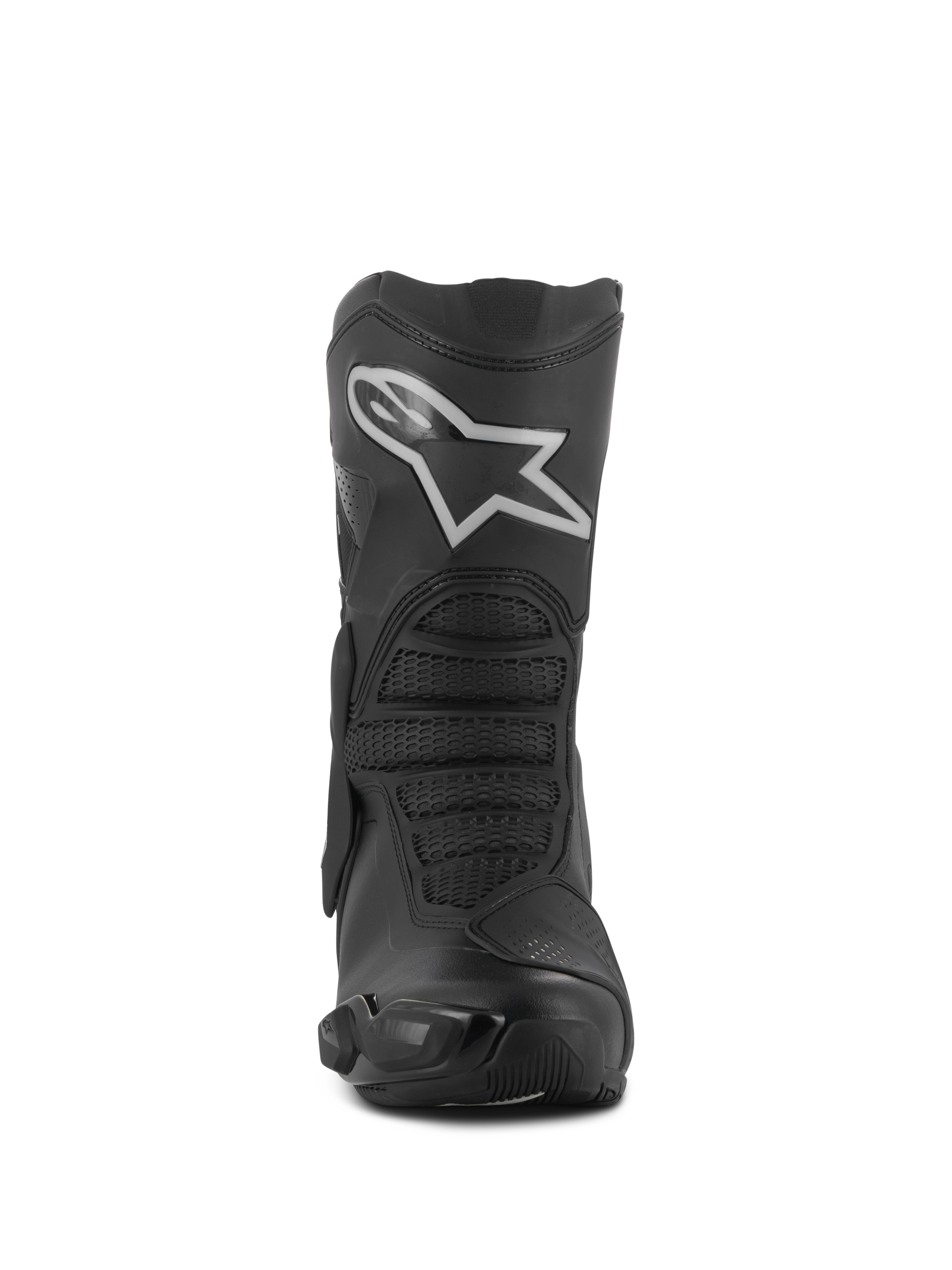 Botas Alpinestars Stella SMX-6 V3 Drystar®, botas de moto para mujer, negro y plateado, vista frontal con un prominente logotipo Astar blanco en la espinillera, construcción de microfibra avanzada con zonas protectoras texturizadas
