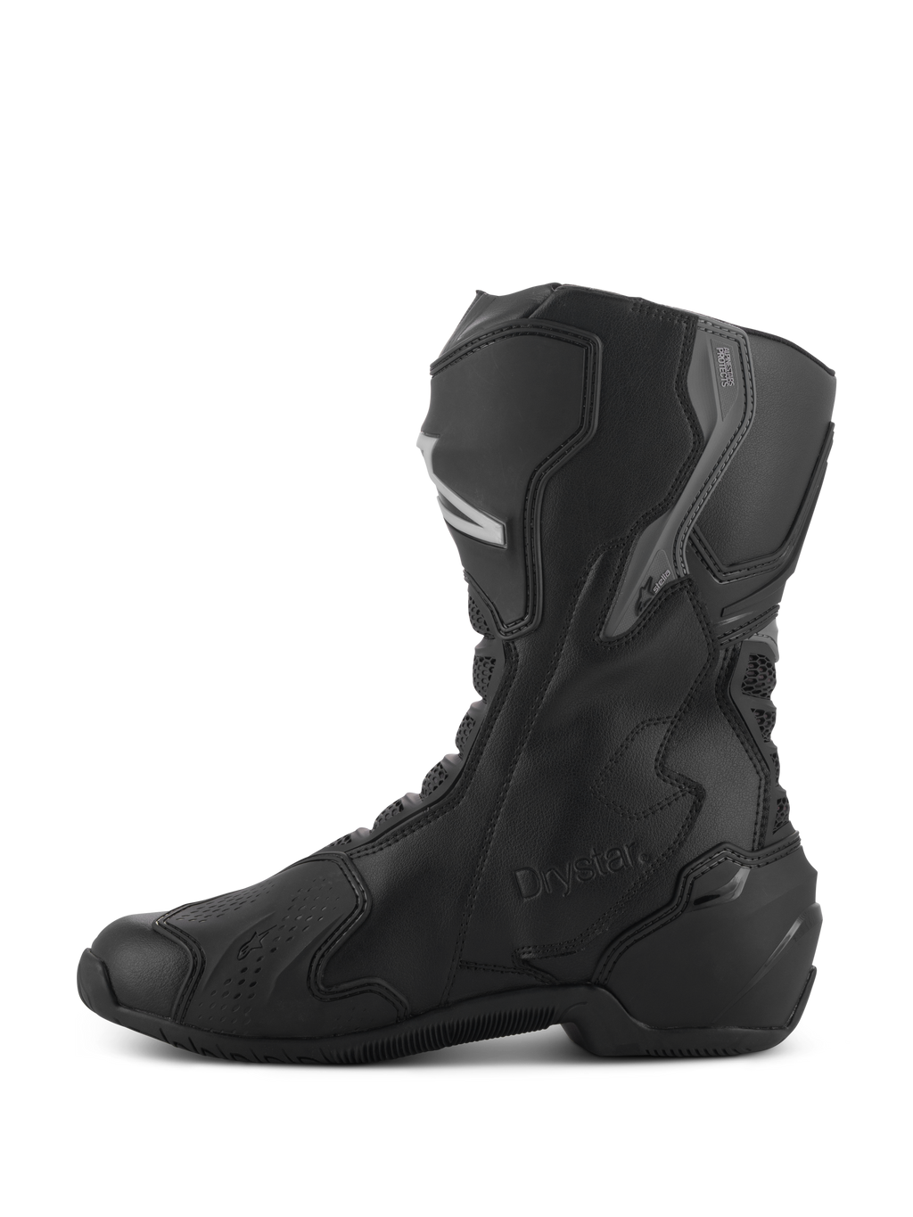 Botas Alpinestars Stella SMX-6 V3 Drystar®, botas de moto impermeables para mujer, negro y plateado, vista de perfil lateral con protección de TPU en espinilla y tobillo, logotipo Drystar en relieve, construcción duradera de microfibra para conducción deportiva y en carretera.