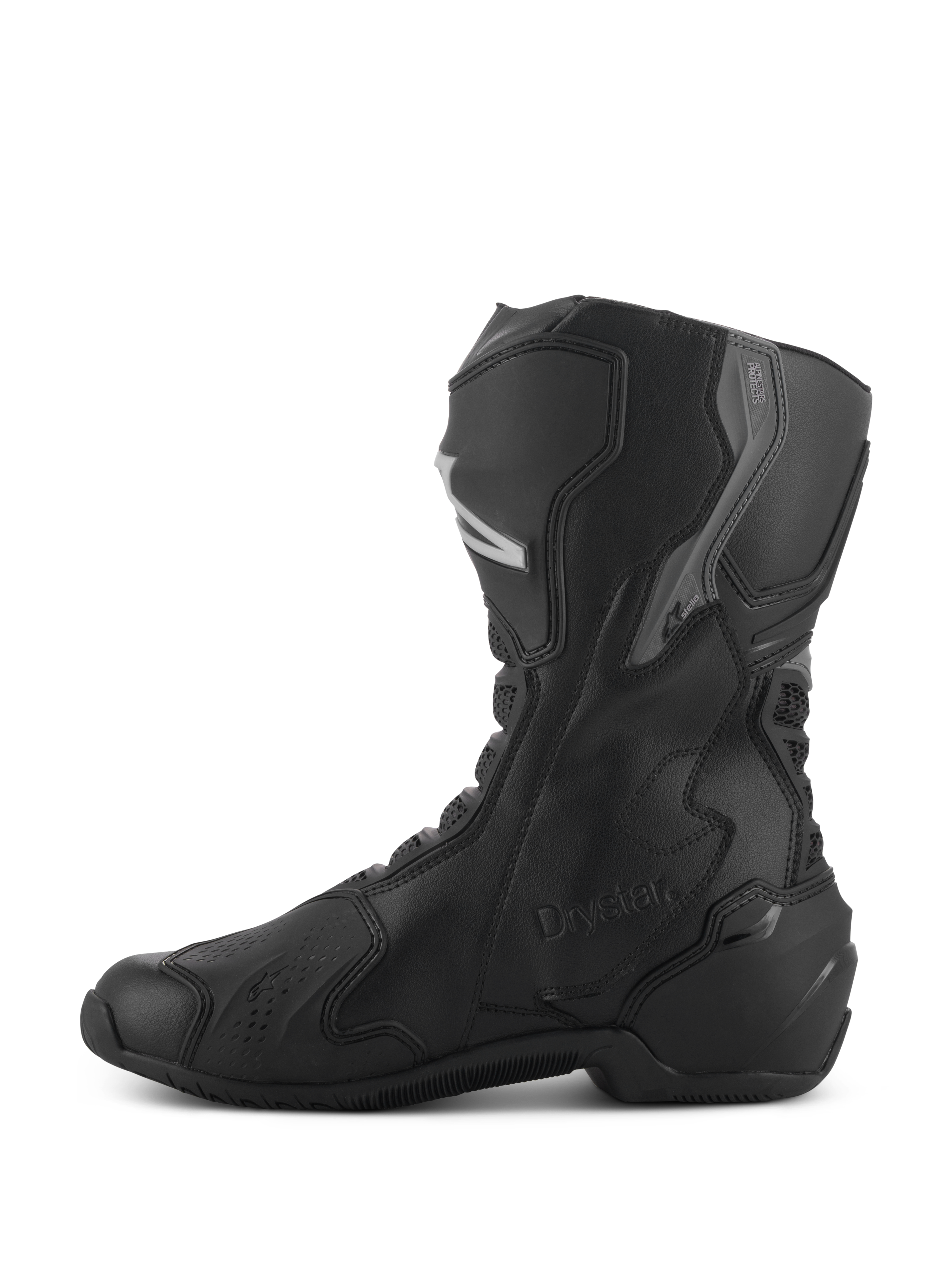 Botas Alpinestars Stella SMX-6 V3 Drystar®, botas de moto impermeables para mujer, negro y plateado, vista de perfil lateral con protección de TPU en espinilla y tobillo, logotipo Drystar en relieve, construcción duradera de microfibra para conducción deportiva y en carretera.