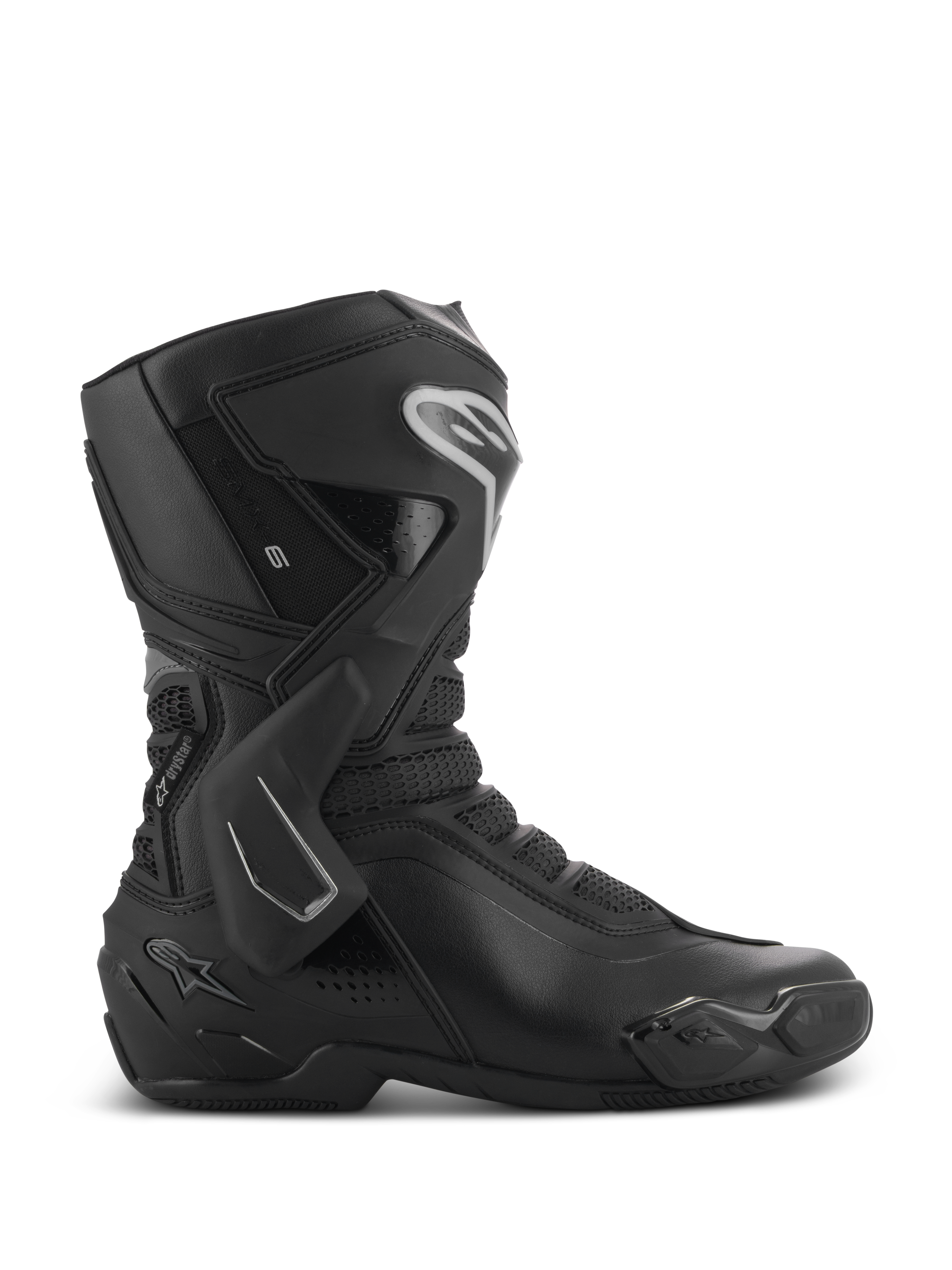 Alpinestars Stella SMX-6 V3 Drystar, botas de moto para mujer, negras con detalles plateados, membrana impermeable Drystar, con espinillera de TPU, protección de tobillo y deslizador de puntera, equipamiento de alto rendimiento