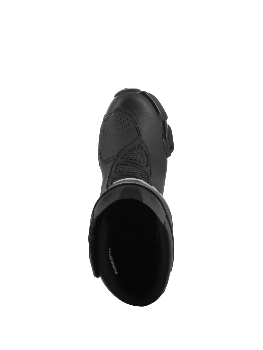 Botas Alpinestars Stella SMX-6 V3 Drystar®, botas de moto de alto rendimiento para mujer, negro, vista superior que muestra la apertura interior acolchada y la parte superior de microfibra texturizada con protector de cambio