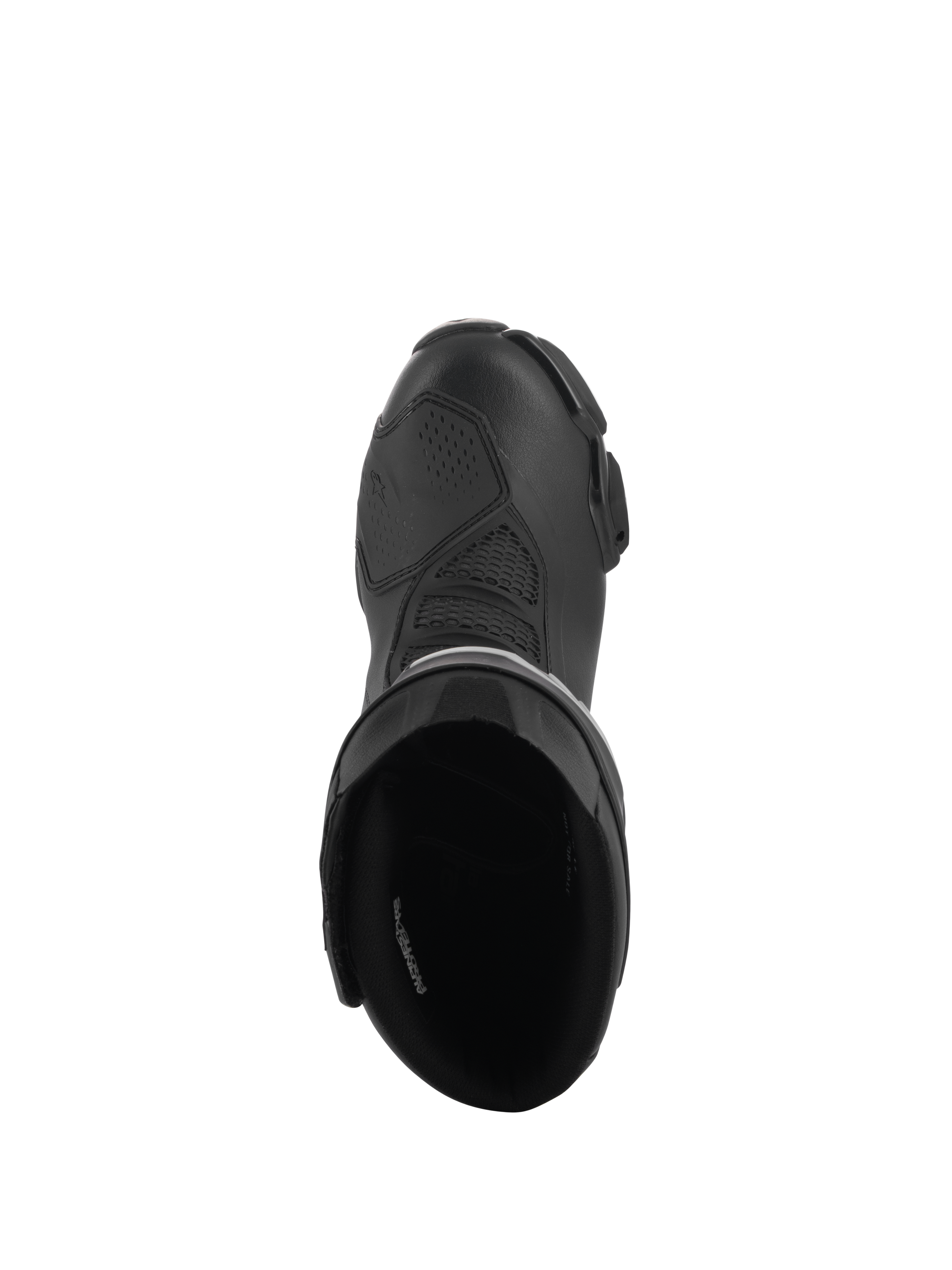 Botas Alpinestars Stella SMX-6 V3 Drystar®, botas de moto de alto rendimiento para mujer, negro, vista superior que muestra la apertura interior acolchada y la parte superior de microfibra texturizada con protector de cambio