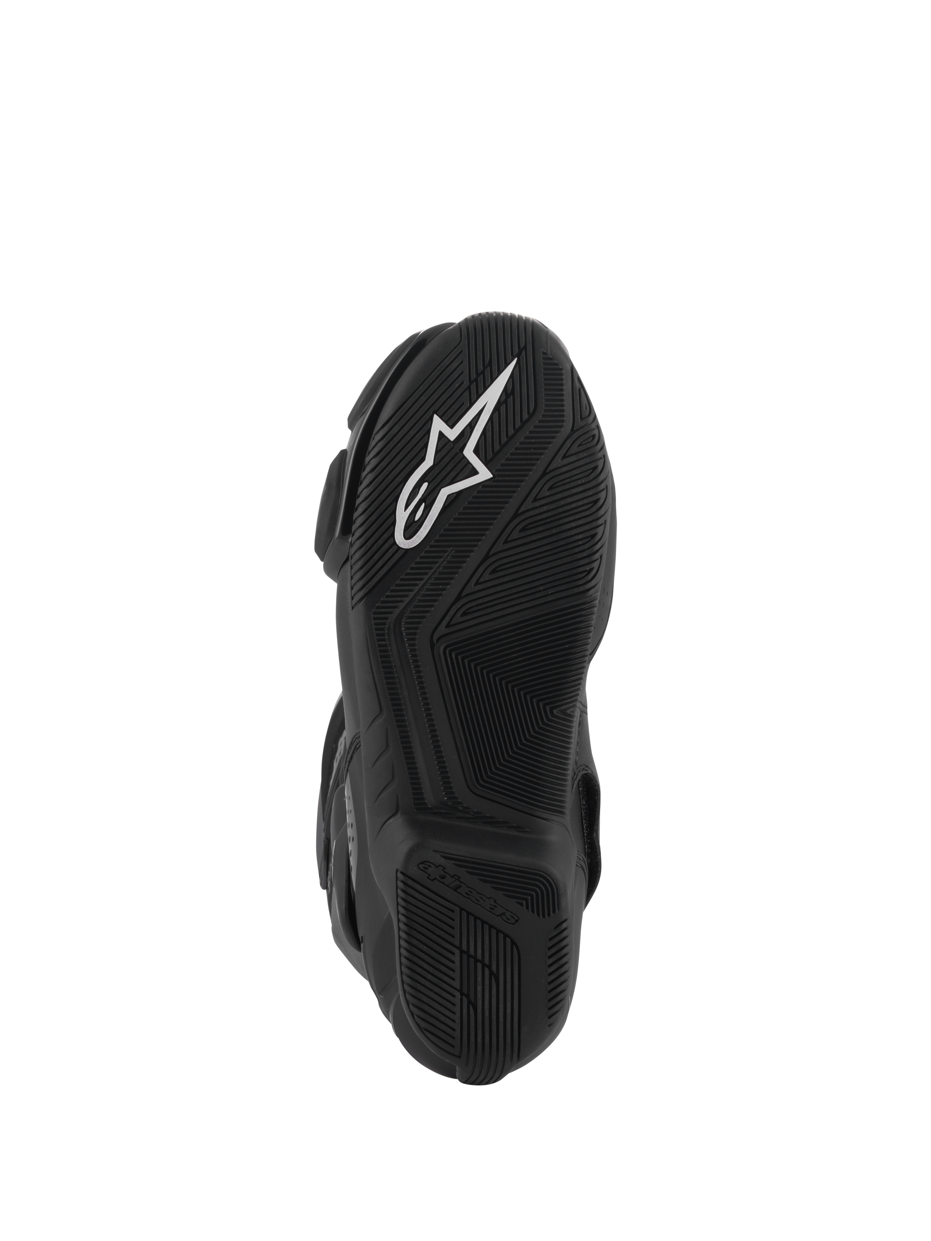 Botas Alpinestars Stella SMX-6 V3 Drystar®, vista inferior de la suela de goma negra, con un destacado logotipo de la estrella de Alpinestars en blanco, patrones de agarre texturizados para tracción y un diseño aerodinámico para el control de la motocicleta.