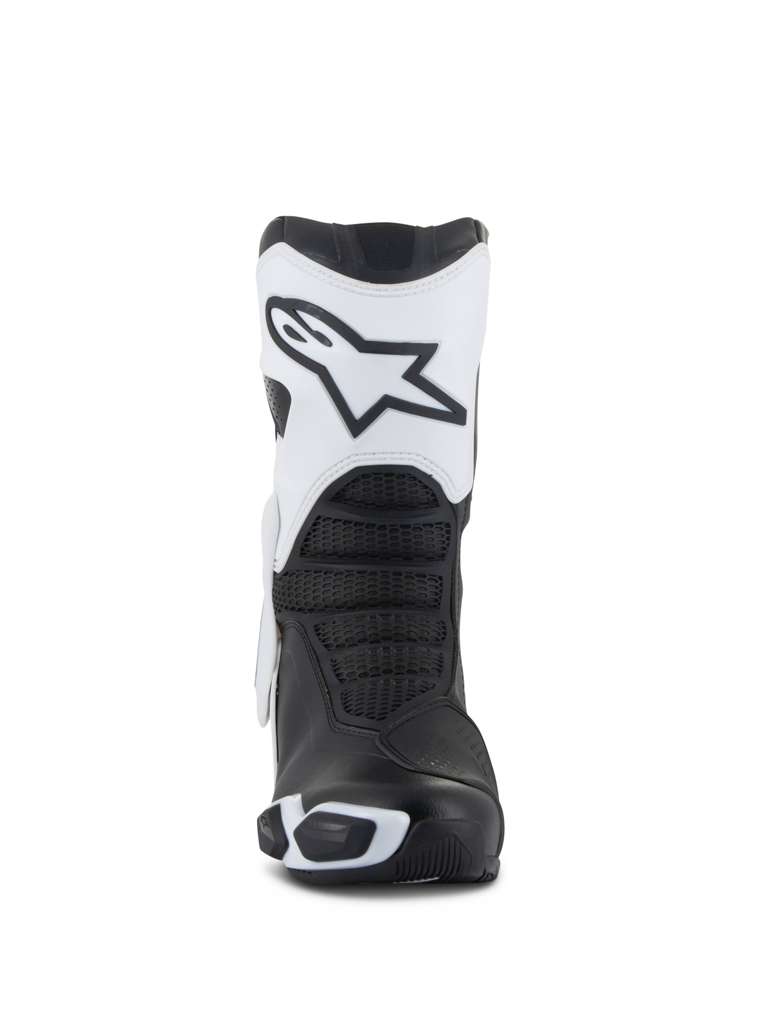 Alpinestars Stella SMX-6 V3 Drystar® Boots, Women's Motorcycle Boots, White and Black, Front view showcasing the white shin plate with the Astars logo, black textured flex zones, and protective TPU elements for performance riding.