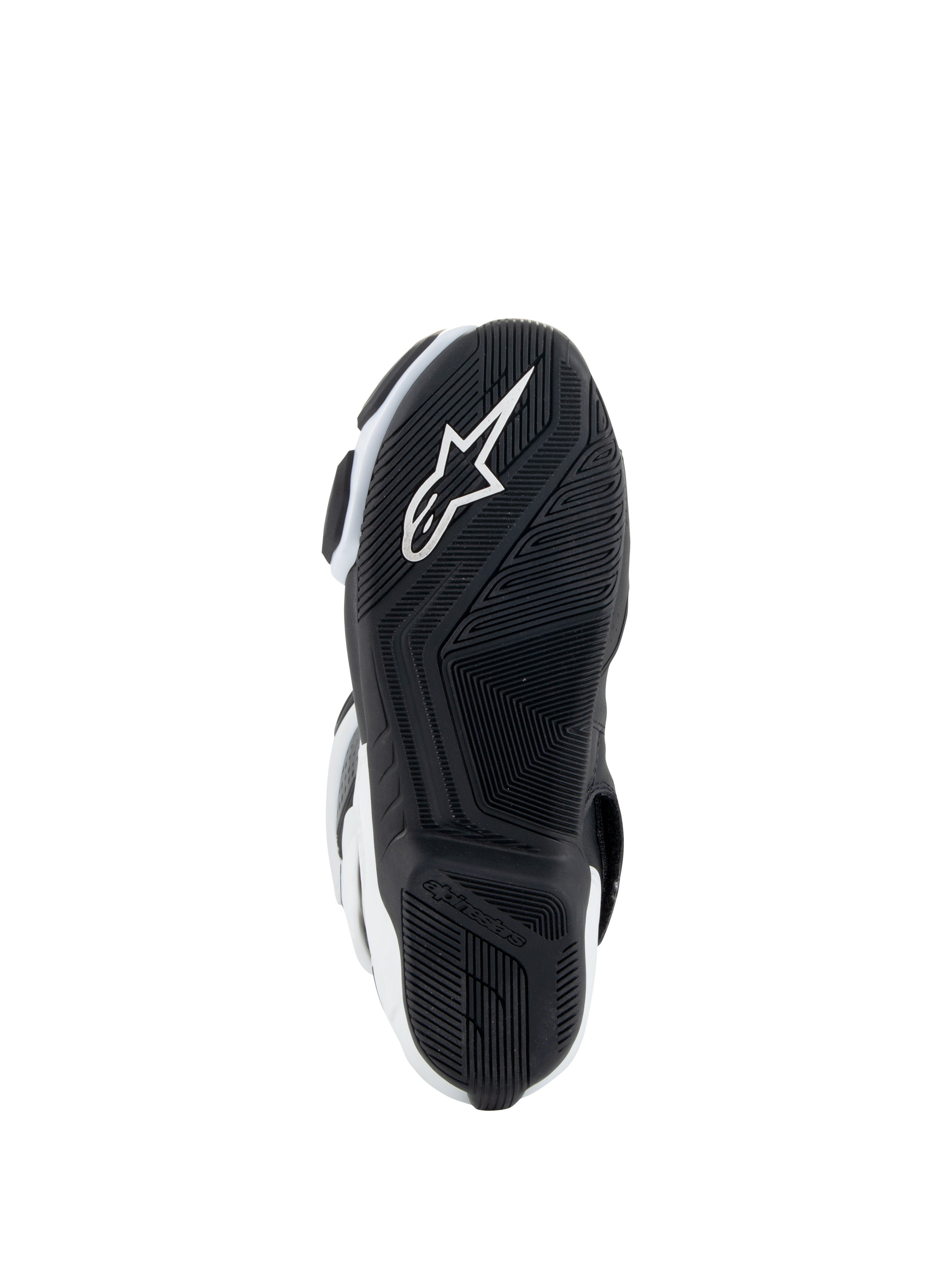 Alpinestars Stella SMX-6 V3 Drystar® Boots, Women's Motorcycle Boots, White and Black, sole view featuring a black rubber outsole with a textured grip pattern, integrated white Alpinestars star logo, and heel branding