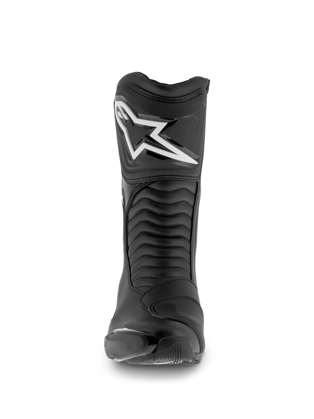 Botas Alpinestars SMX S Waterproof, botas de motociclismo, negro, vista frontal con el logotipo Astar blanco en la espinillera, paneles flexibles de acordeón y confección en microfibra duradera para sport-touring.