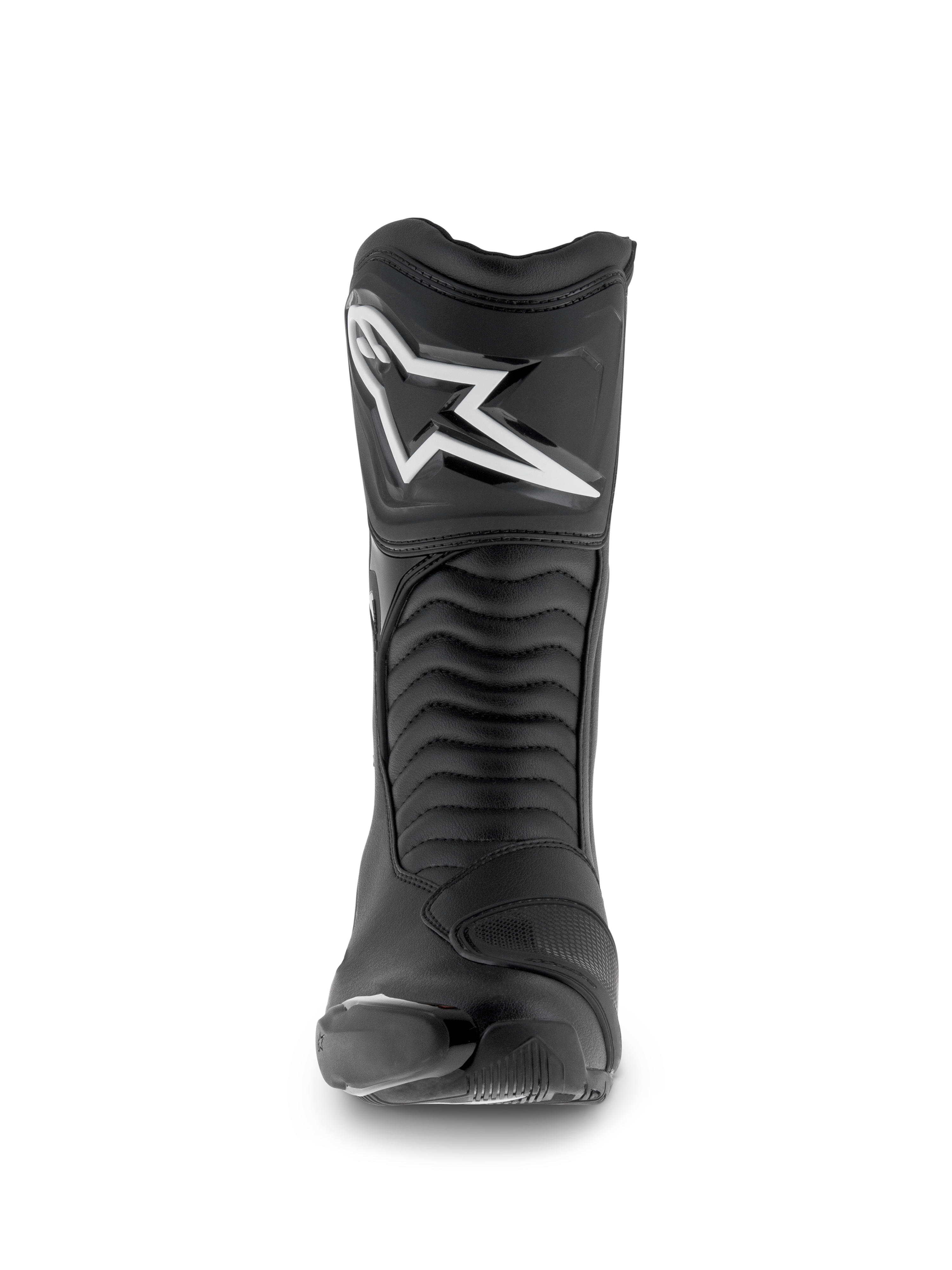 Botas Alpinestars SMX S Waterproof, botas de motociclismo, negro, vista frontal con el logotipo Astar blanco en la espinillera, paneles flexibles de acordeón y confección en microfibra duradera para sport-touring.