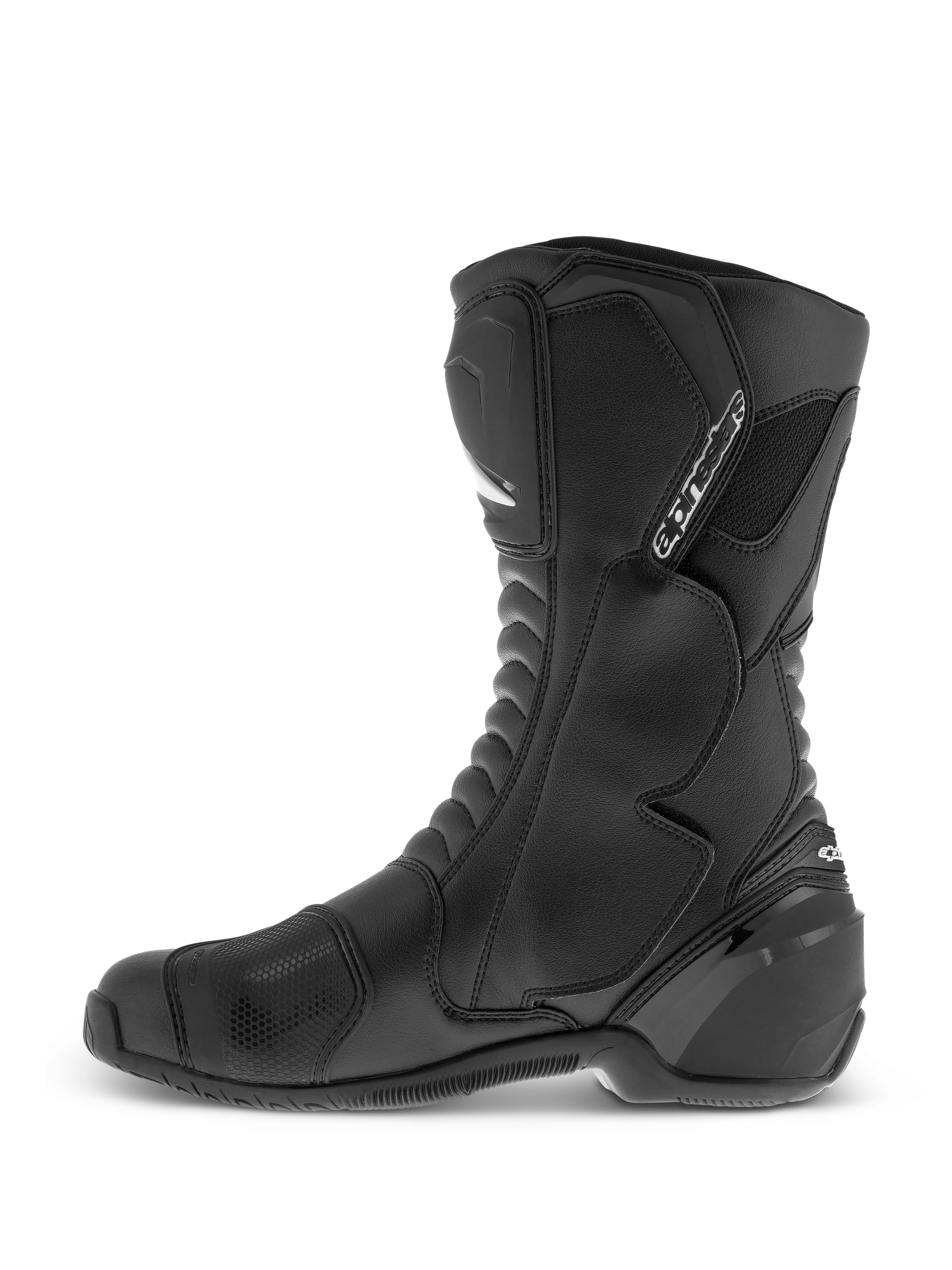 Alpinestars SMX S Waterproof Boots, botas de moto de caña alta en color negro, con parte superior de microfibra resistente, protección de TPU en espinilla y tobillo y almohadilla de cambio texturizada, vista de perfil lateral.