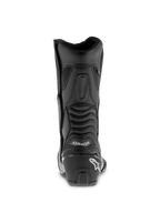 Botas Alpinestars SMX S Waterproof, botas de motociclismo negras, perfil trasero con protector de talón reforzado y logotipo blanco, paneles flexibles de acordeón para movilidad del tobillo, confección en microfibra duradera para sport-touring