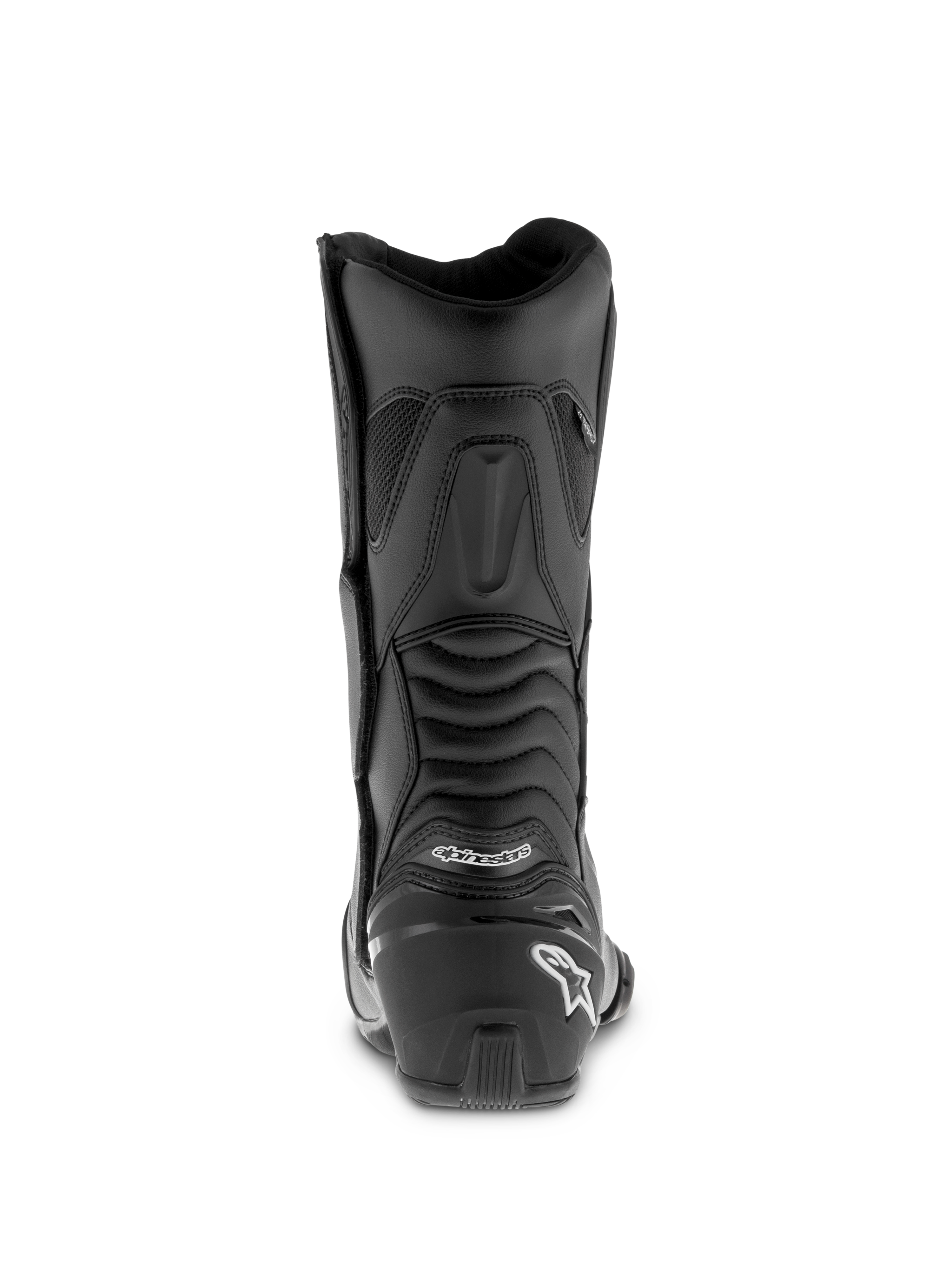 Botas Alpinestars SMX S Waterproof, botas de motociclismo negras, perfil trasero con protector de talón reforzado y logotipo blanco, paneles flexibles de acordeón para movilidad del tobillo, confección en microfibra duradera para sport-touring