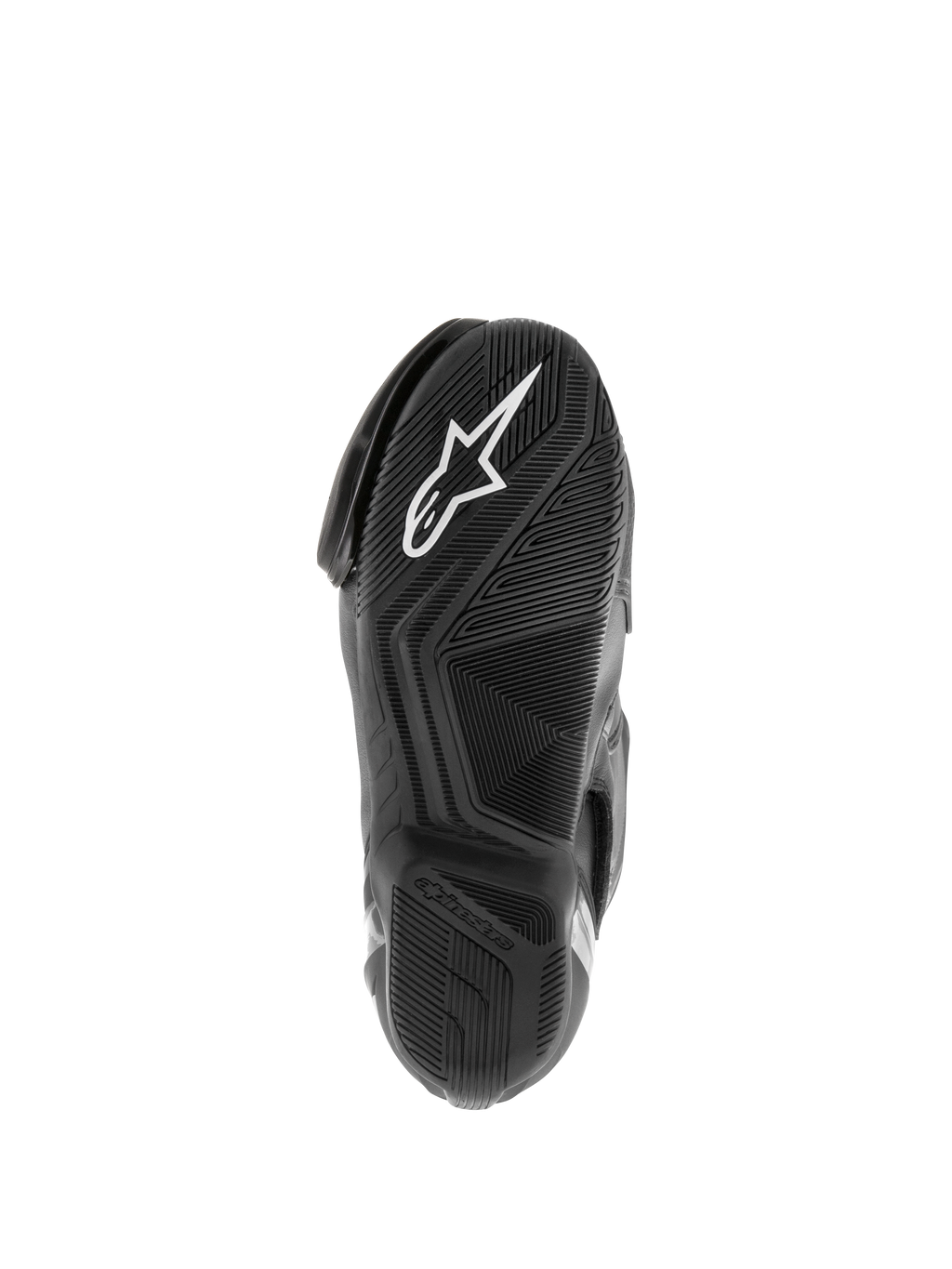 Botas Alpinestars SMX S Waterproof, botas de moto, negras, vista de la suela de goma texturizada con el logotipo Astar en blanco y patrón de dibujo para la dispersión del agua