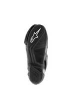Botas Alpinestars SMX S Waterproof, botas de moto, negras, vista de la suela de goma texturizada con el logotipo Astar en blanco y patrón de dibujo para la dispersión del agua