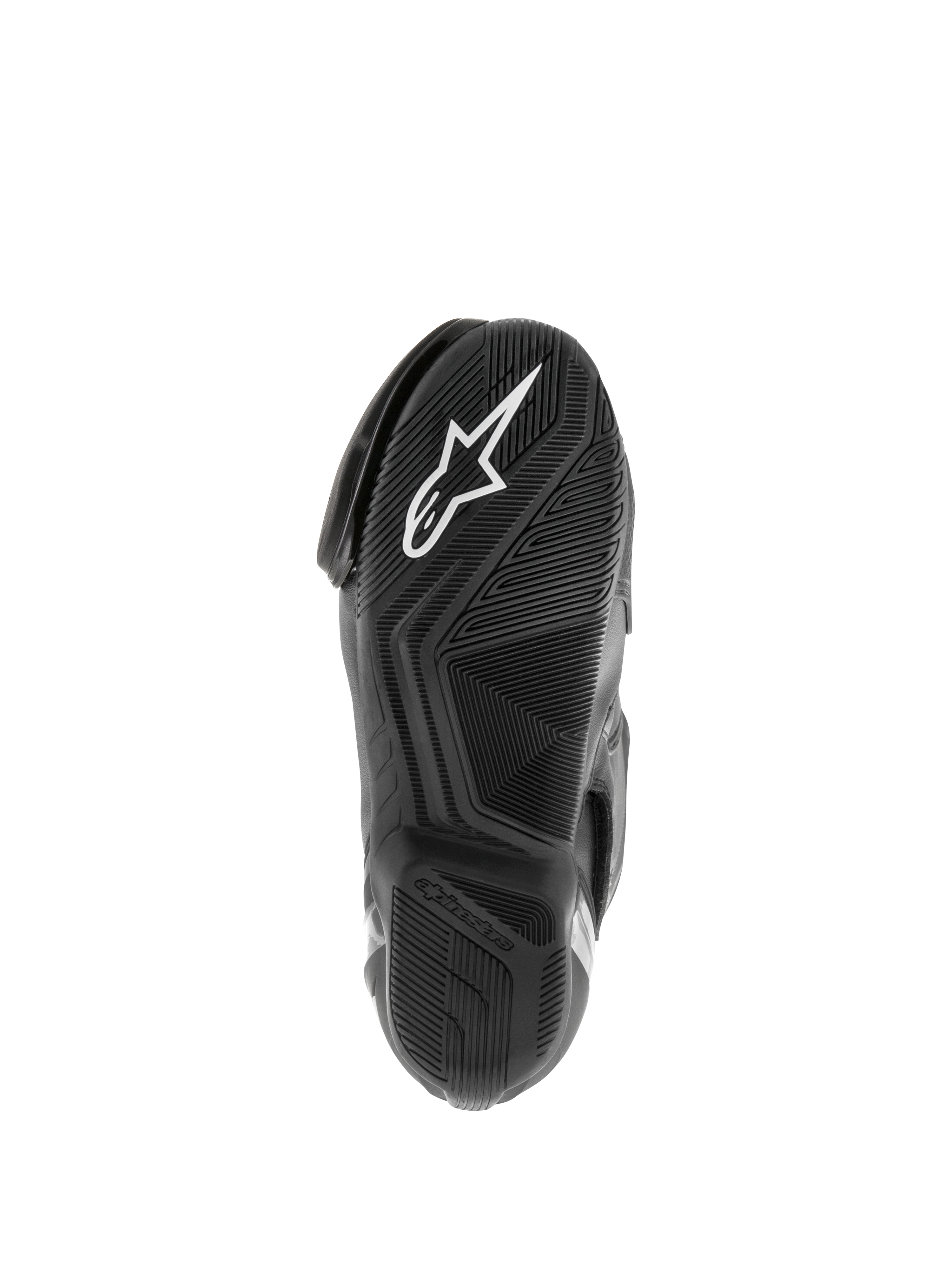 Botas Alpinestars SMX S Waterproof, botas de moto, negras, vista de la suela de goma texturizada con el logotipo Astar en blanco y patrón de dibujo para la dispersión del agua