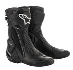 Alpinestars SMX Plus V2 GORE-TEX Boot, black motorcycle racing boots with silver and white logos, waterproof and breathable design, featuring reinforced ankle protection, flexible accordion panels, and protective TPU plates for racing and sport riding