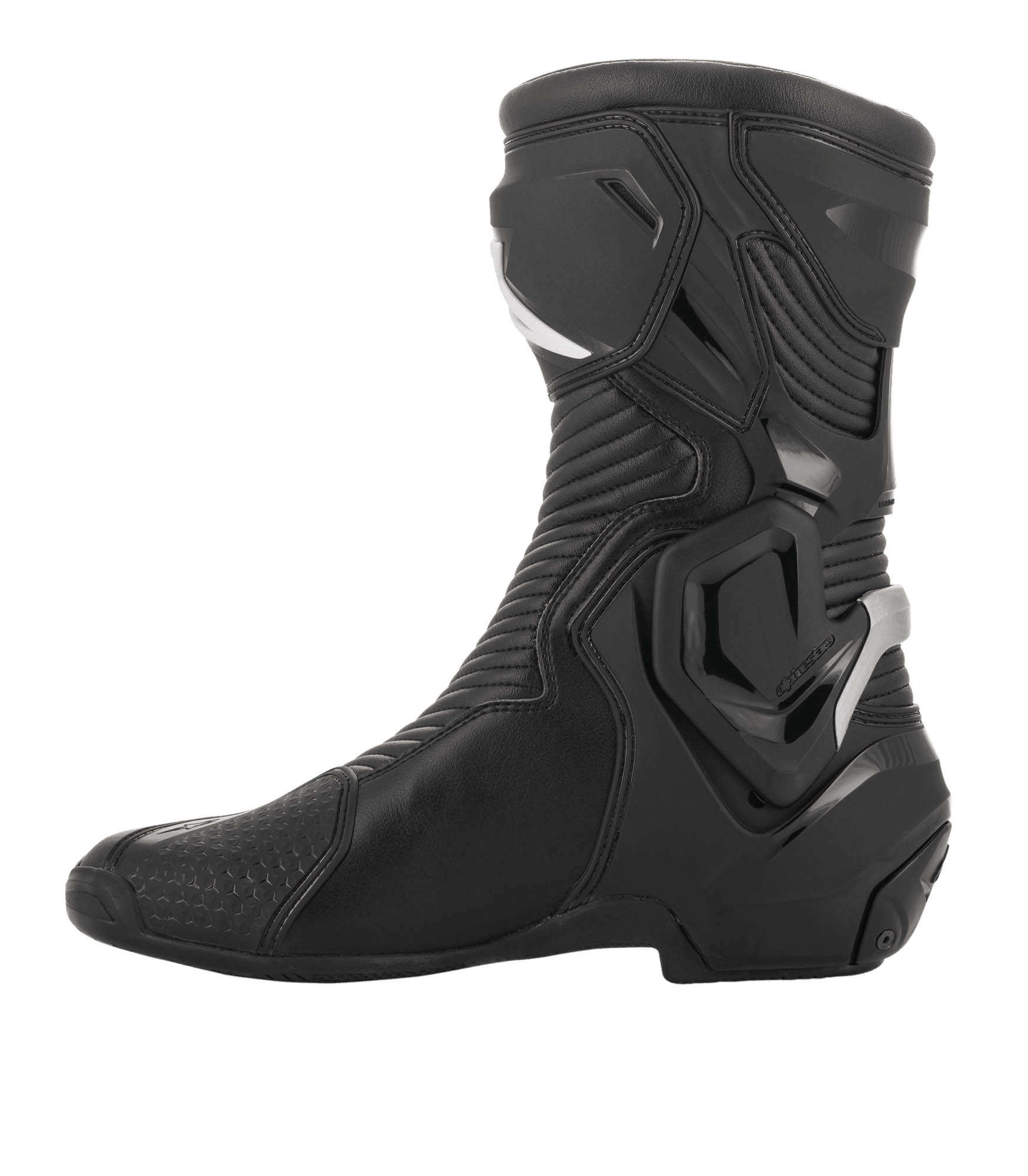 Alpinestars SMX Plus V2 GORE-TEX Boot, Performance Motorcycle Boot, Black and Silver, side profile view featuring advanced microfiber construction, Multi-Link Control ankle system, and flexible accordion panels for sport and touring riders.