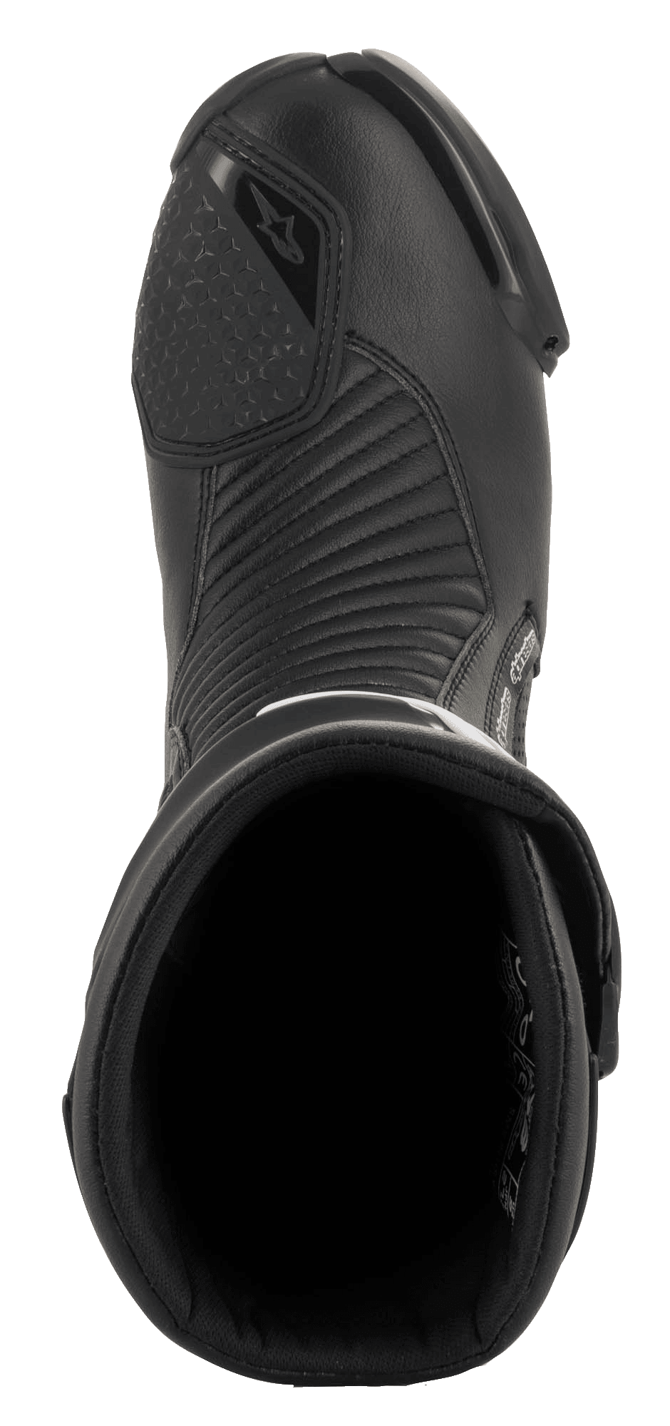 Alpinestars SMX Plus V2 GORE-TEX Boot, Motorcycle Racing Boot, Black, top-down view showing the entry opening, interior lining, and accordion microfiber flex panels on the instep.