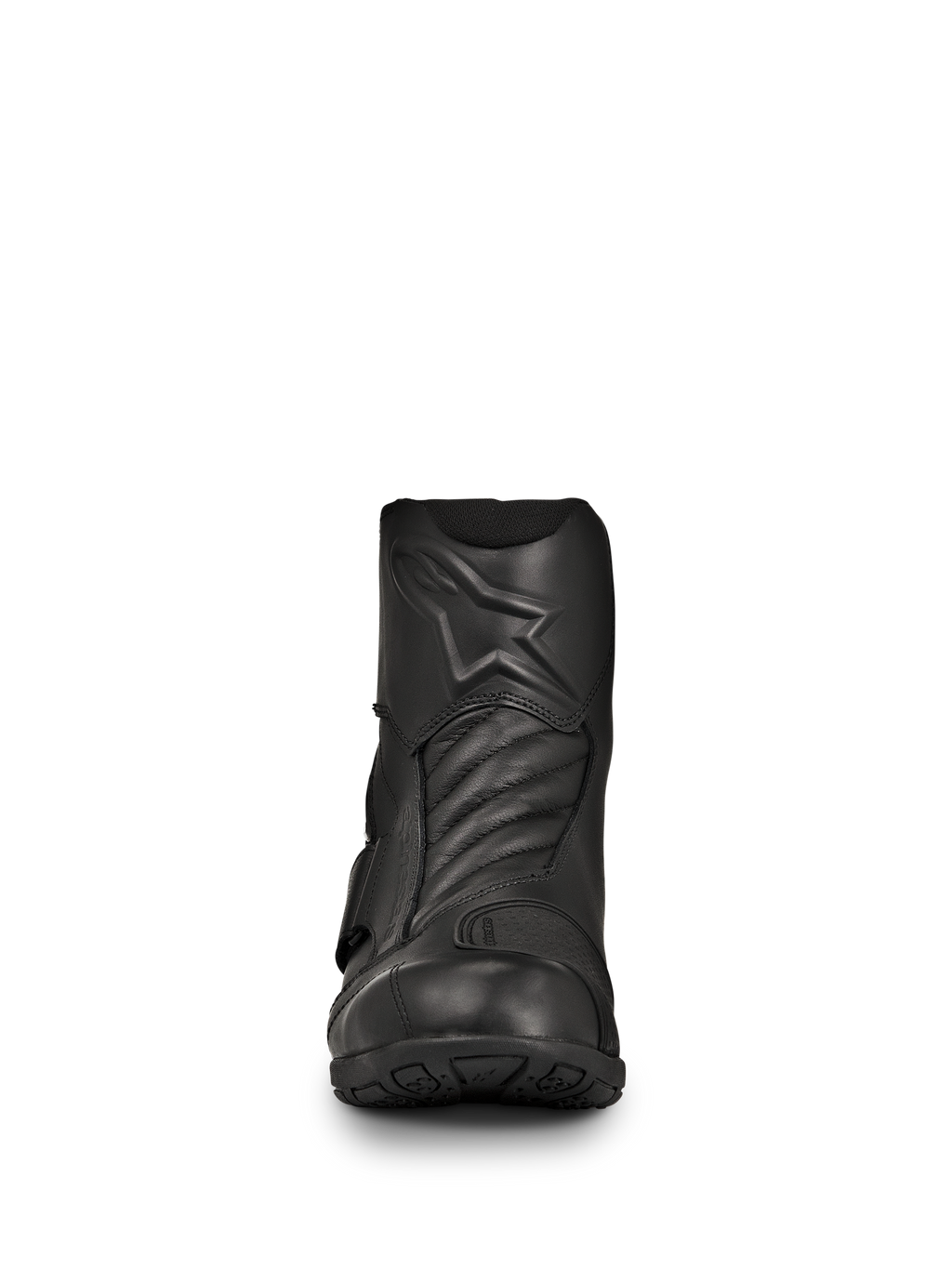 Botas Alpinestars New Land GORE-TEX, botas de moto de carretera y touring en color negro, vista frontal, construcción en cuero de plena flor con logotipo de estrella en relieve, zonas de flexión de acordeón en la parte delantera, diseño impermeable de media caña para viajes de larga distancia
