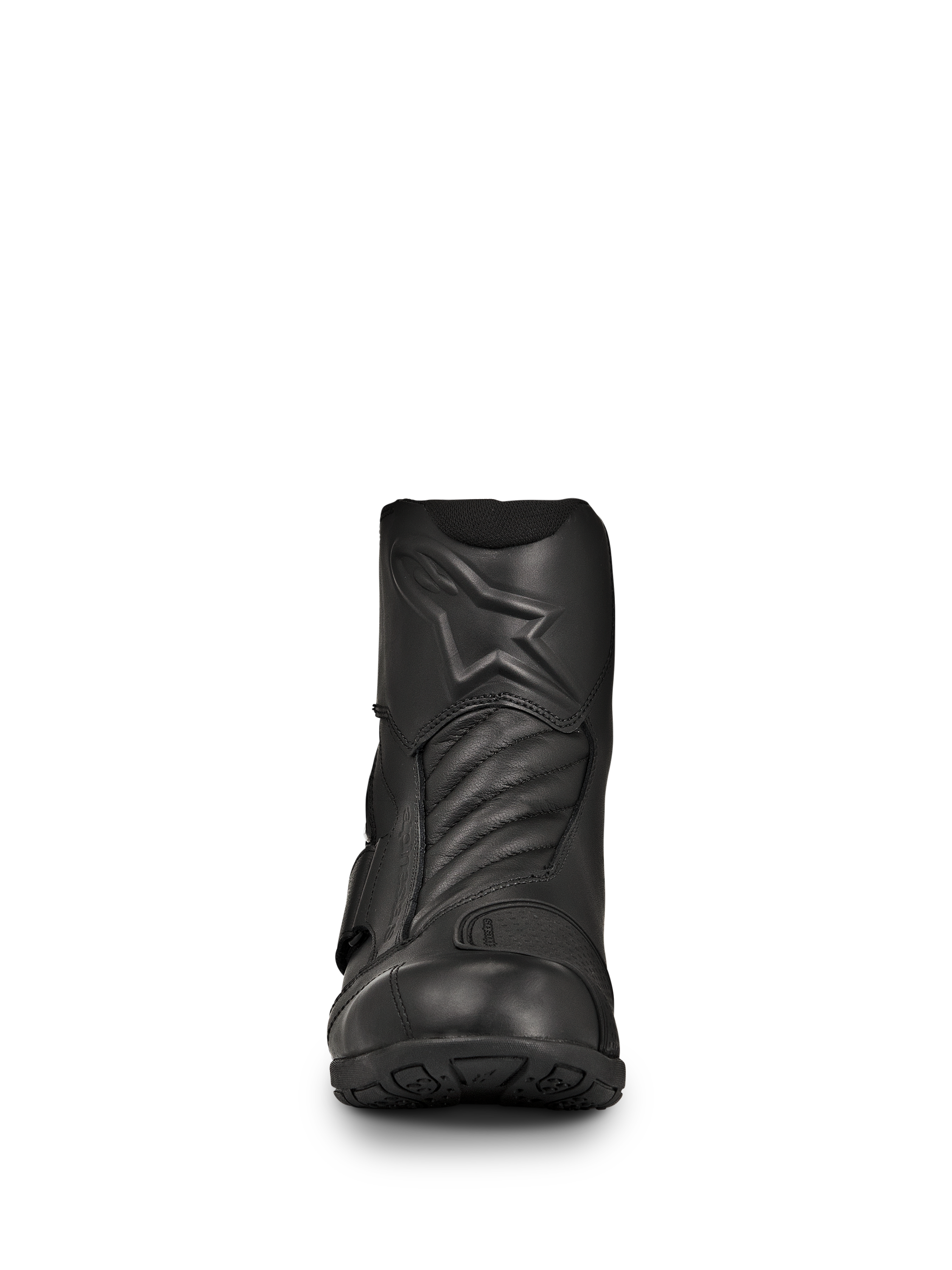Botas Alpinestars New Land GORE-TEX, botas de moto de carretera y touring en color negro, vista frontal, construcción en cuero de plena flor con logotipo de estrella en relieve, zonas de flexión de acordeón en la parte delantera, diseño impermeable de media caña para viajes de larga distancia