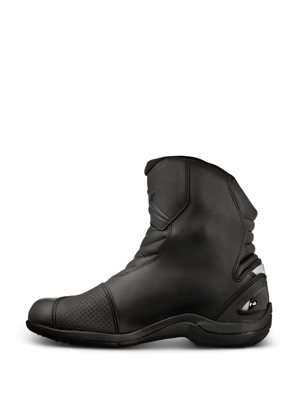 Botas Alpinestars New Land GORE-TEX, botas de moto road-touring, negro, diseño de media caña en cuero de flor completa con zonas de flexión de acordeón, almohadilla de cambio reforzada y suela de goma robusta.