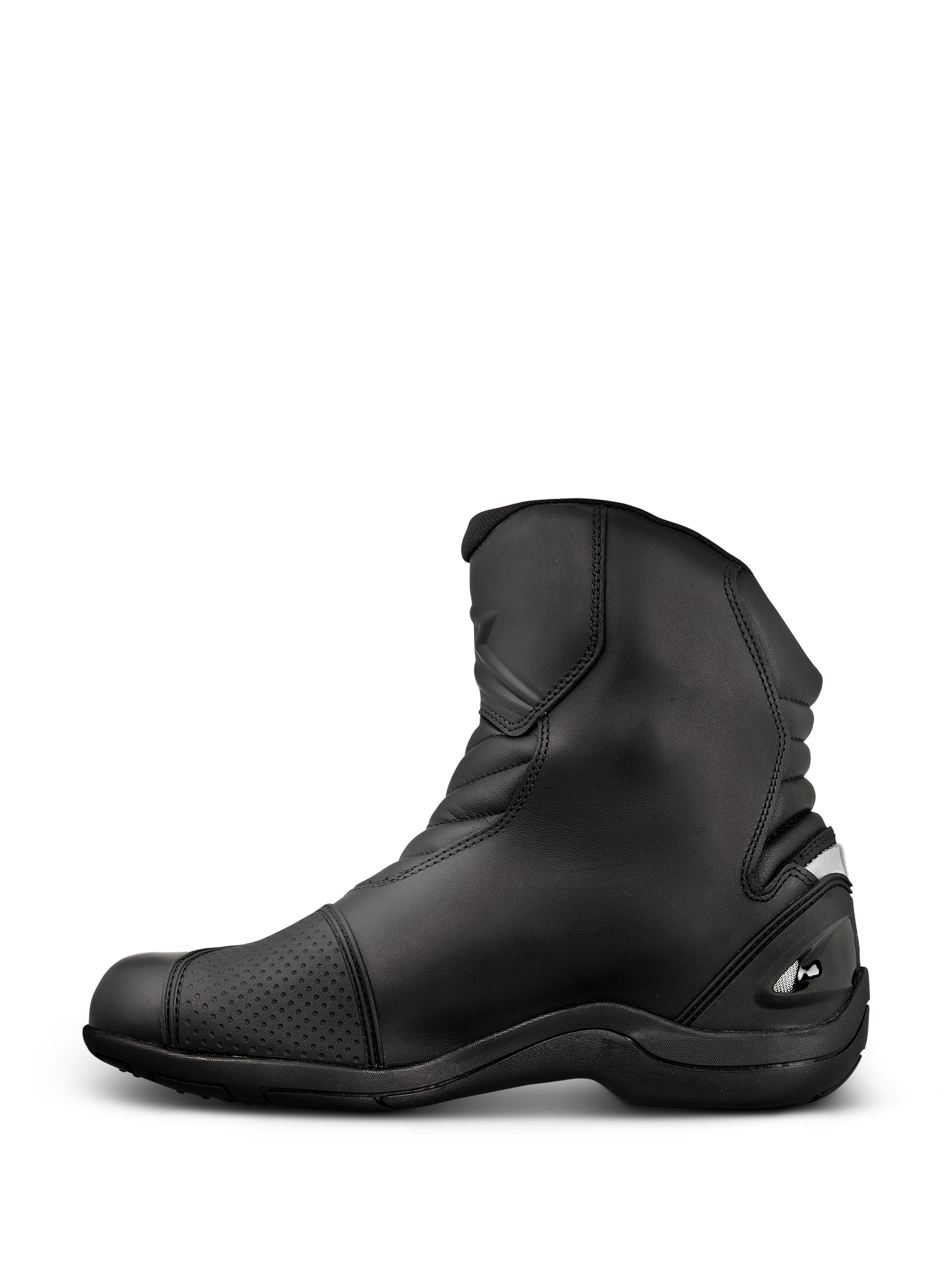 Botas Alpinestars New Land GORE-TEX, botas de moto road-touring, negro, diseño de media caña en cuero de flor completa con zonas de flexión de acordeón, almohadilla de cambio reforzada y suela de goma robusta.