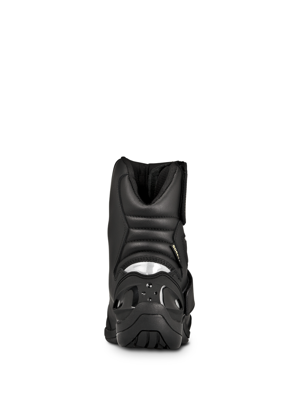 Botas Alpinestars New Land GORE-TEX, botas de moto para carretera y touring, negras, vista trasera con zonas de flexión tipo acordeón acolchadas, inserto reflectante en el talón y suela de caucho duradera.