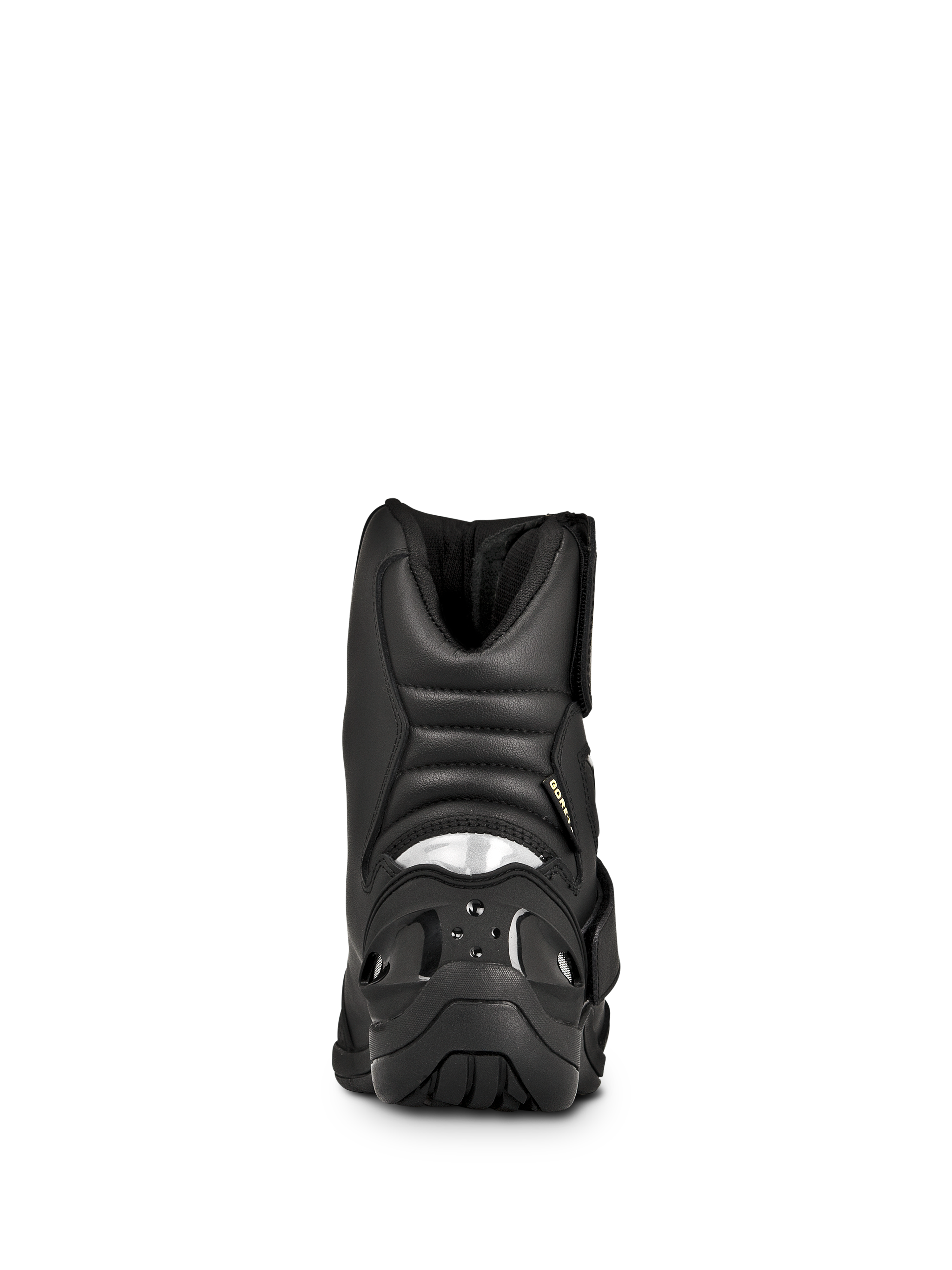 Botas Alpinestars New Land GORE-TEX, botas de moto para carretera y touring, negras, vista trasera con zonas de flexión tipo acordeón acolchadas, inserto reflectante en el talón y suela de caucho duradera.