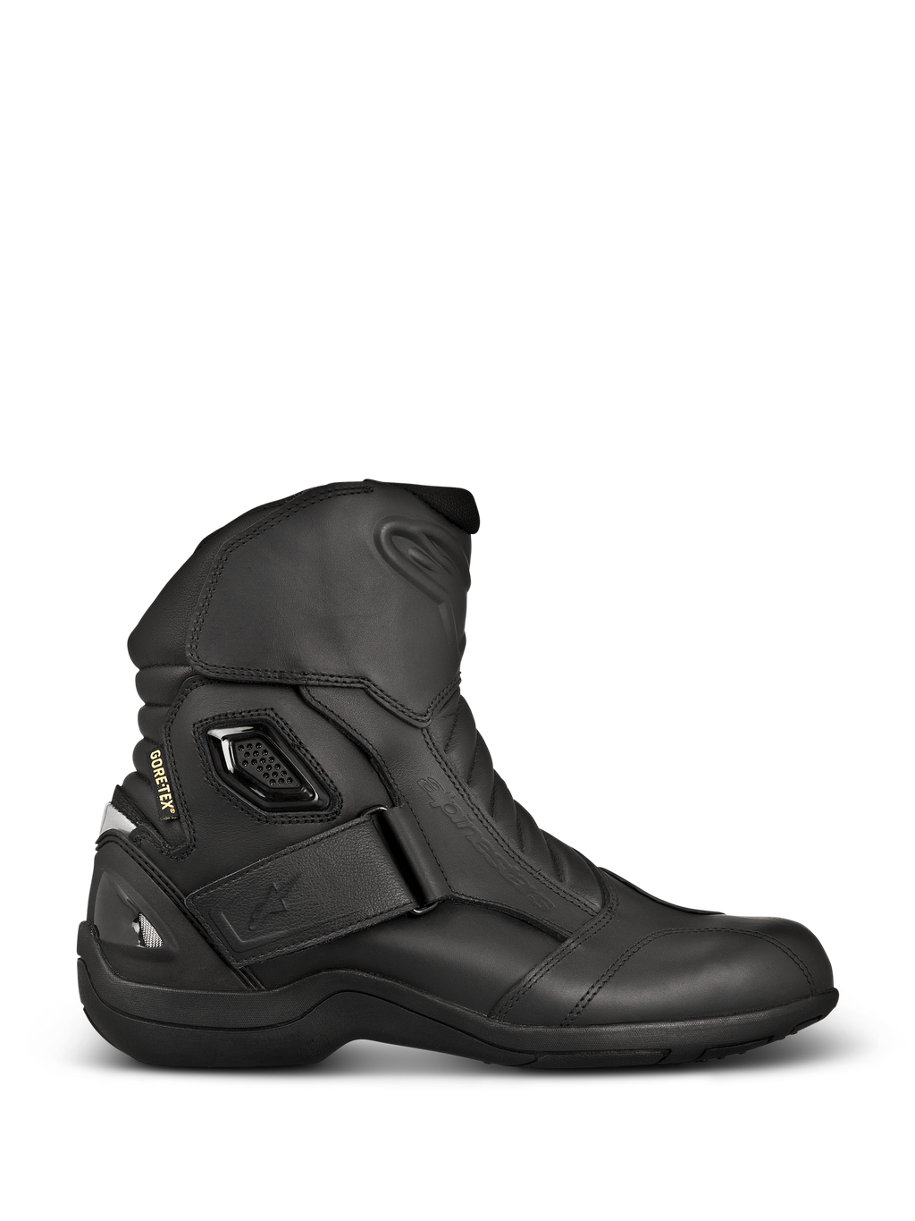 Botas Alpinestars New Land GORE-TEX, botas de moto touring negras, perfil lateral con cuero de plena flor, correa de velcro en el tobillo, marca GORE-TEX y talón reforzado para protección impermeable.