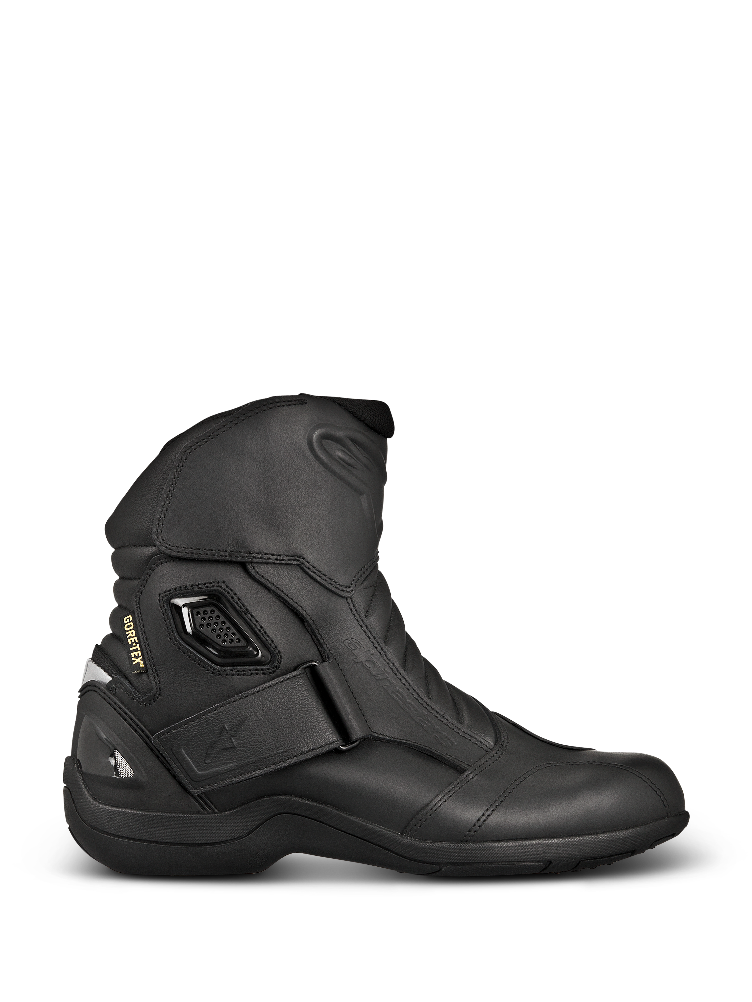 Botas Alpinestars New Land GORE-TEX, botas de moto touring negras, perfil lateral con cuero de plena flor, correa de velcro en el tobillo, marca GORE-TEX y talón reforzado para protección impermeable.