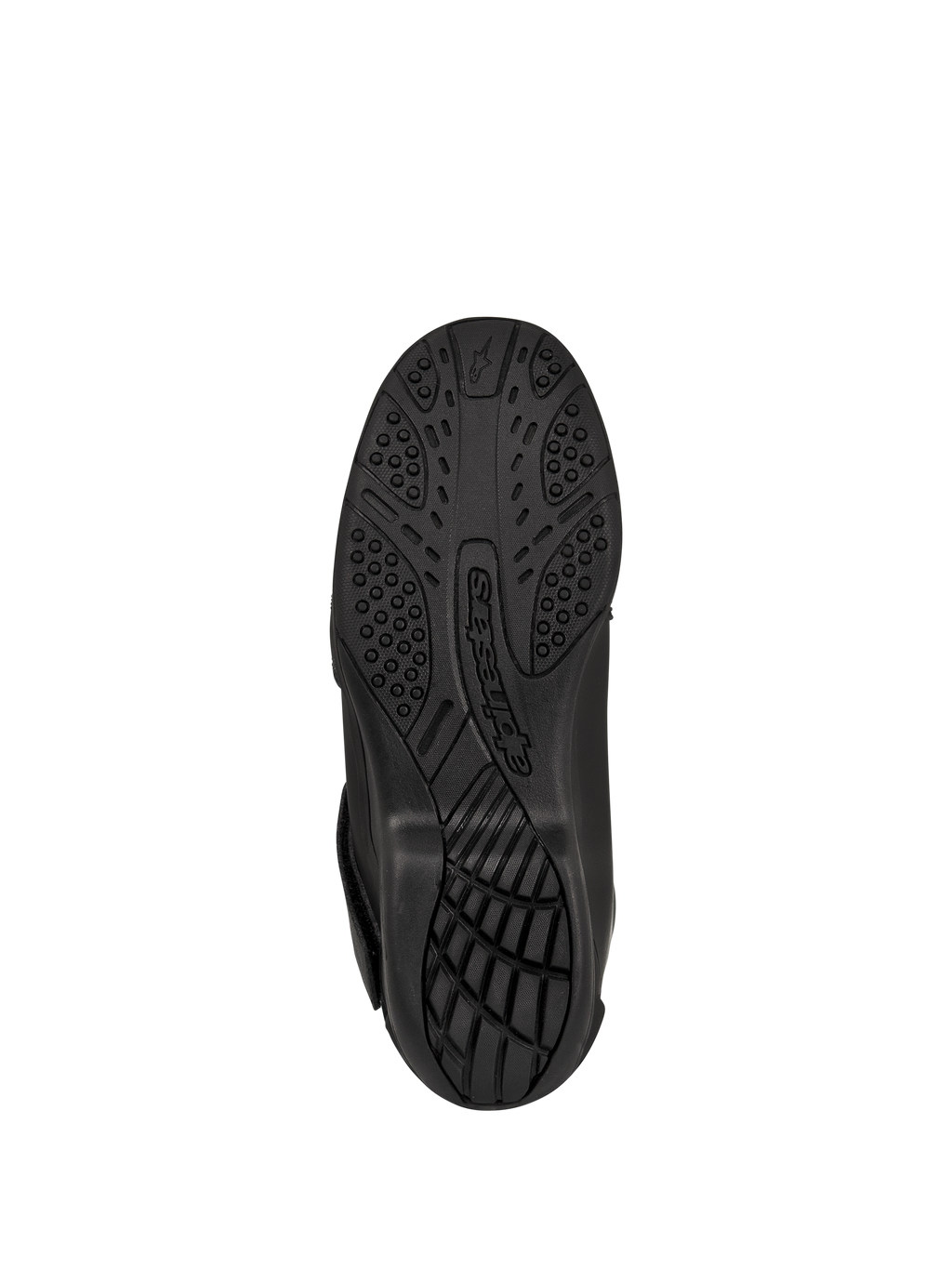 Botas Alpinestars New Land GORE-TEX, negras, vista inferior de la suela de compuesto de caucho vulcanizado, patrón de dibujo texturizado para agarre y tracción, con el logotipo de Alpinestars en relieve, calzado de motociclismo para carretera y touring