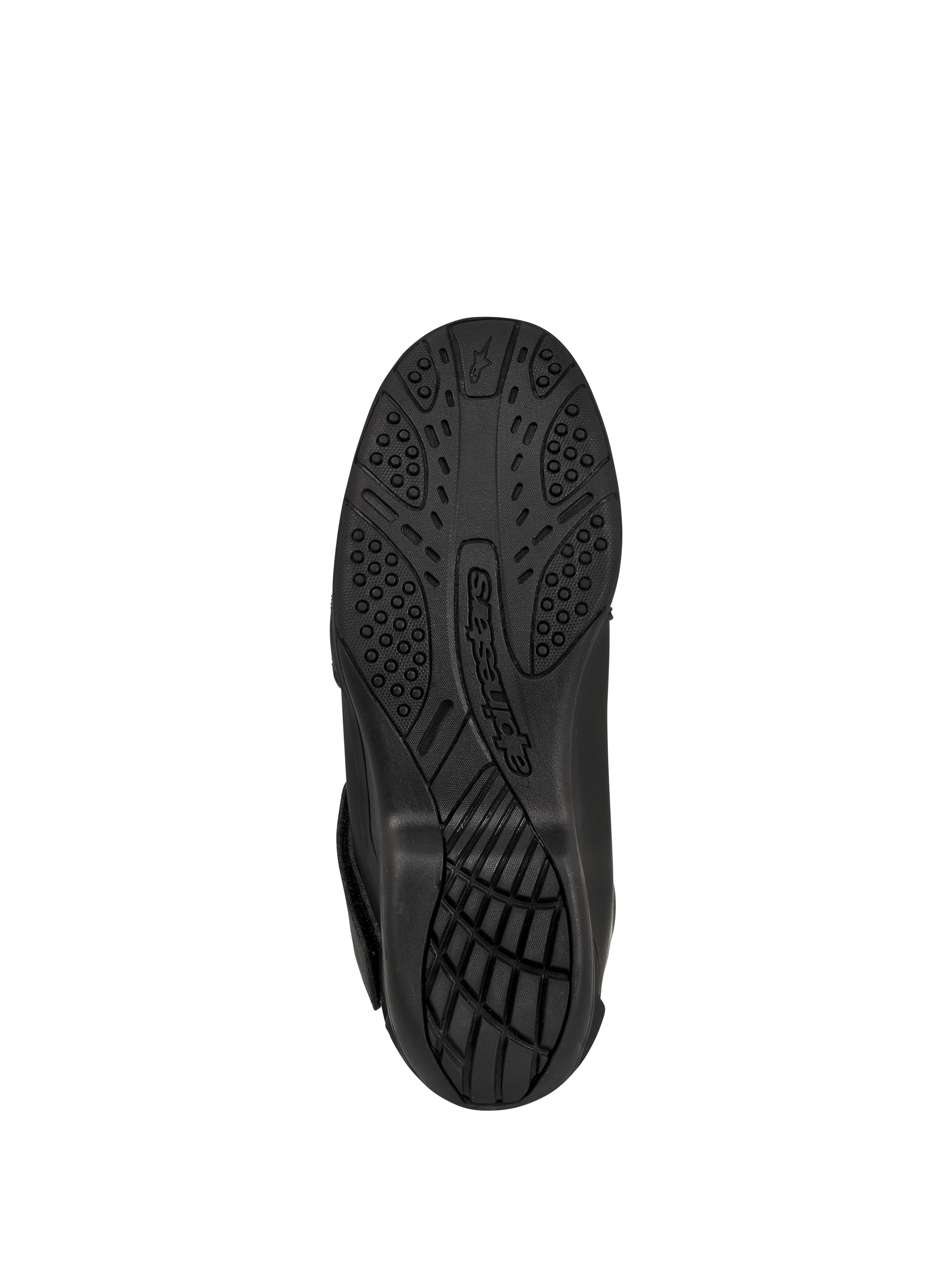 Botas Alpinestars New Land GORE-TEX, negras, vista inferior de la suela de compuesto de caucho vulcanizado, patrón de dibujo texturizado para agarre y tracción, con el logotipo de Alpinestars en relieve, calzado de motociclismo para carretera y touring