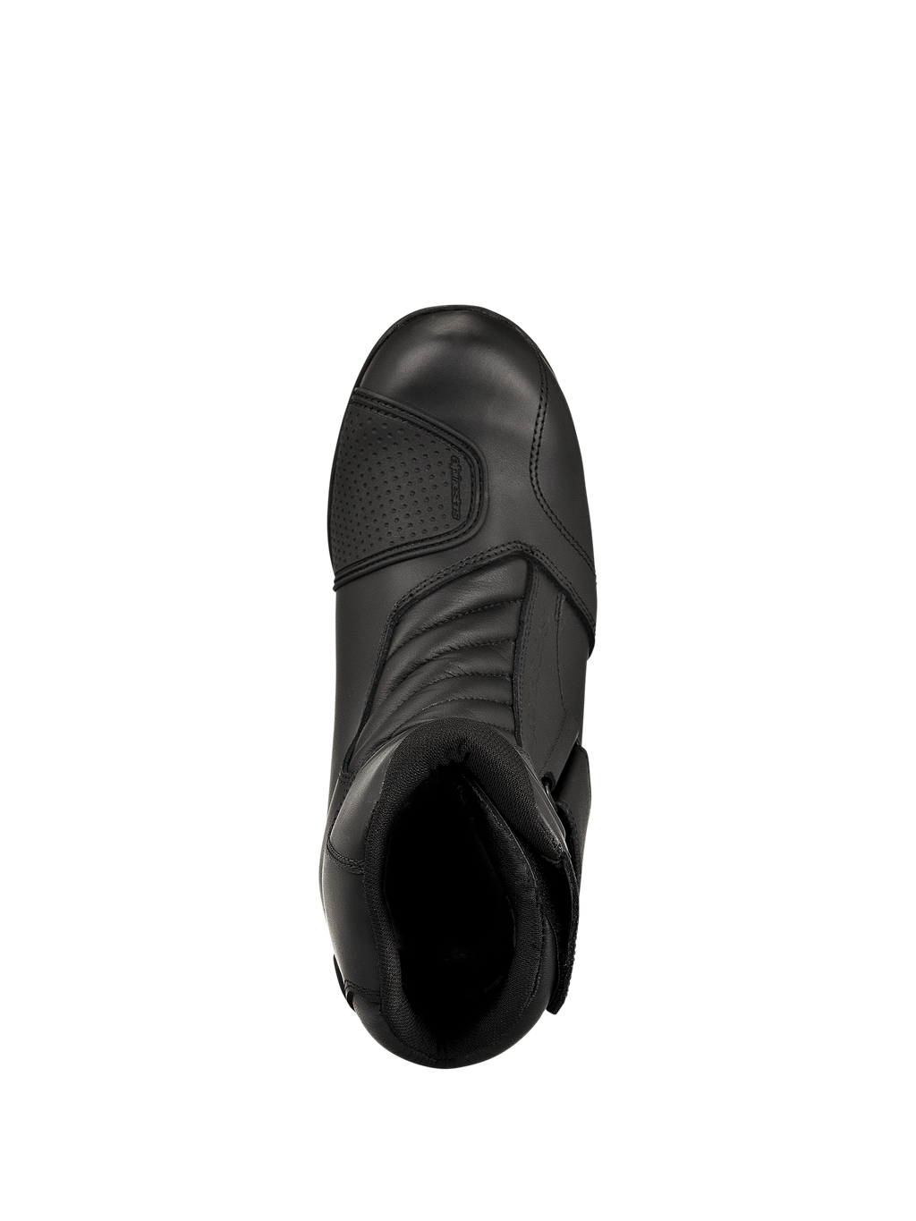 Botas Alpinestars New Land GORE-TEX, negras, vista desde arriba, con construcción de cuero de plena flor, zonas de flexión frontales de tipo acordeón y protector de cambio reforzado, botas de motociclismo de media caña impermeables para carretera y touring