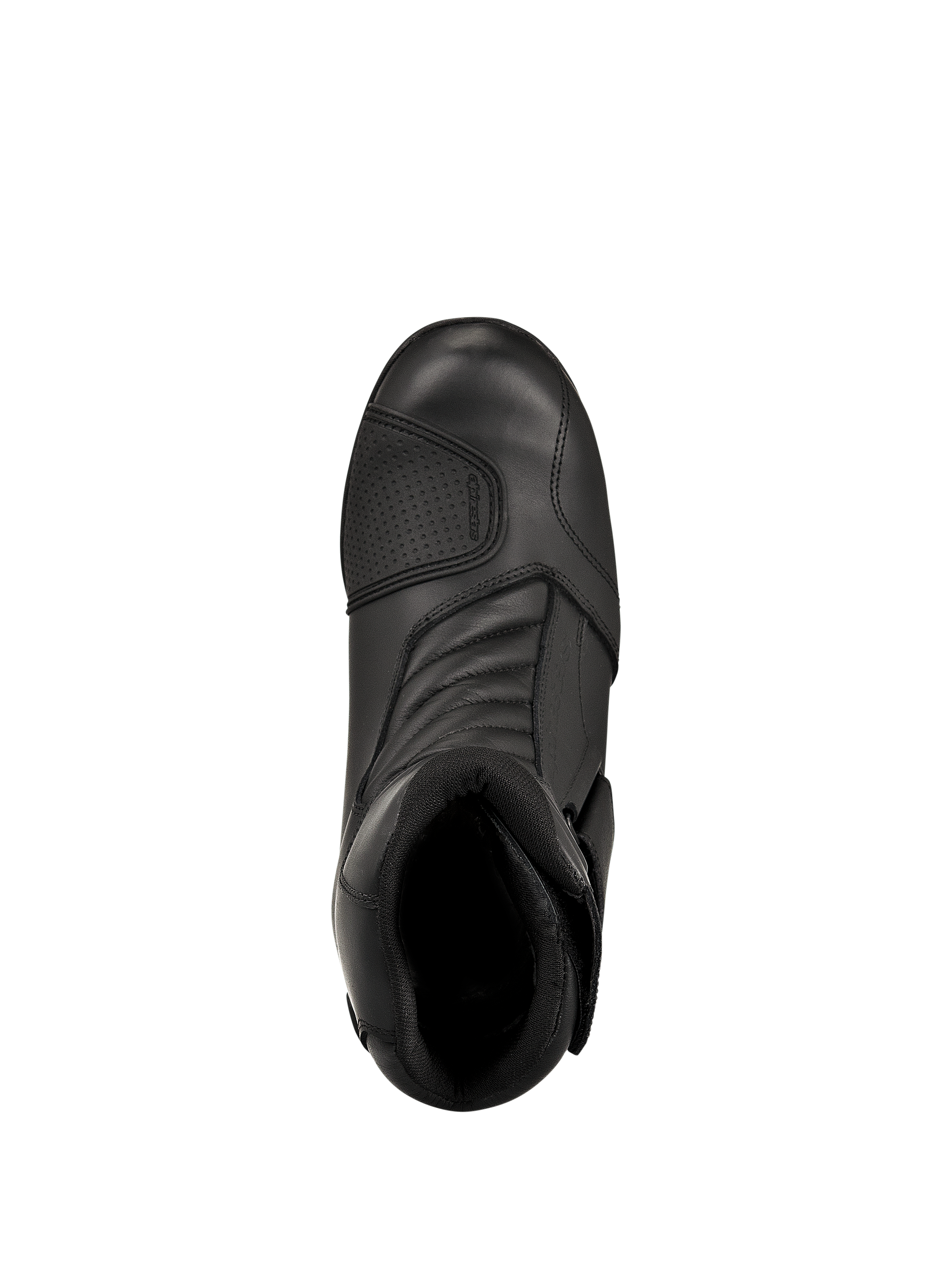 Botas Alpinestars New Land GORE-TEX, negras, vista desde arriba, con construcción de cuero de plena flor, zonas de flexión frontales de tipo acordeón y protector de cambio reforzado, botas de motociclismo de media caña impermeables para carretera y touring