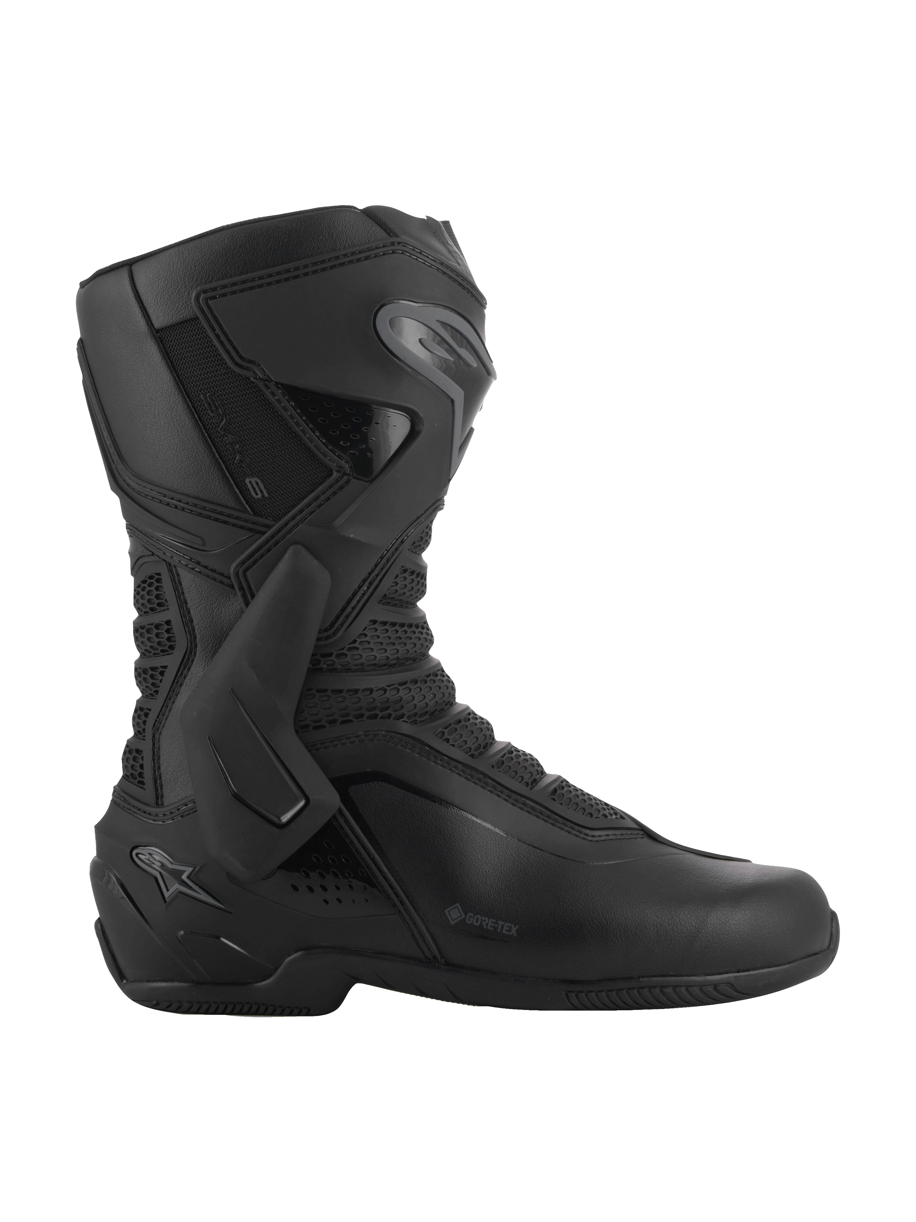 Botas Alpinestars SMX-6 V3 GORE-TEX, negro y gris oscuro, botas de alto rendimiento impermeables para motociclismo, con refuerzo lateral de tobillo en TPU y placa de espinilla, construcción ergonómica de microfibra con paneles de malla 3D, logotipo GORE-TEX en el lateral, calzado especializado para rendimiento en circuito y calle