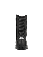 Alpinestars Web GORE-TEX Boots, waterproof motorcycle touring boots, Black, rear view featuring ribbed accordion flex zones and a reflective heel insert for night visibility, durable leather construction with a rugged sole