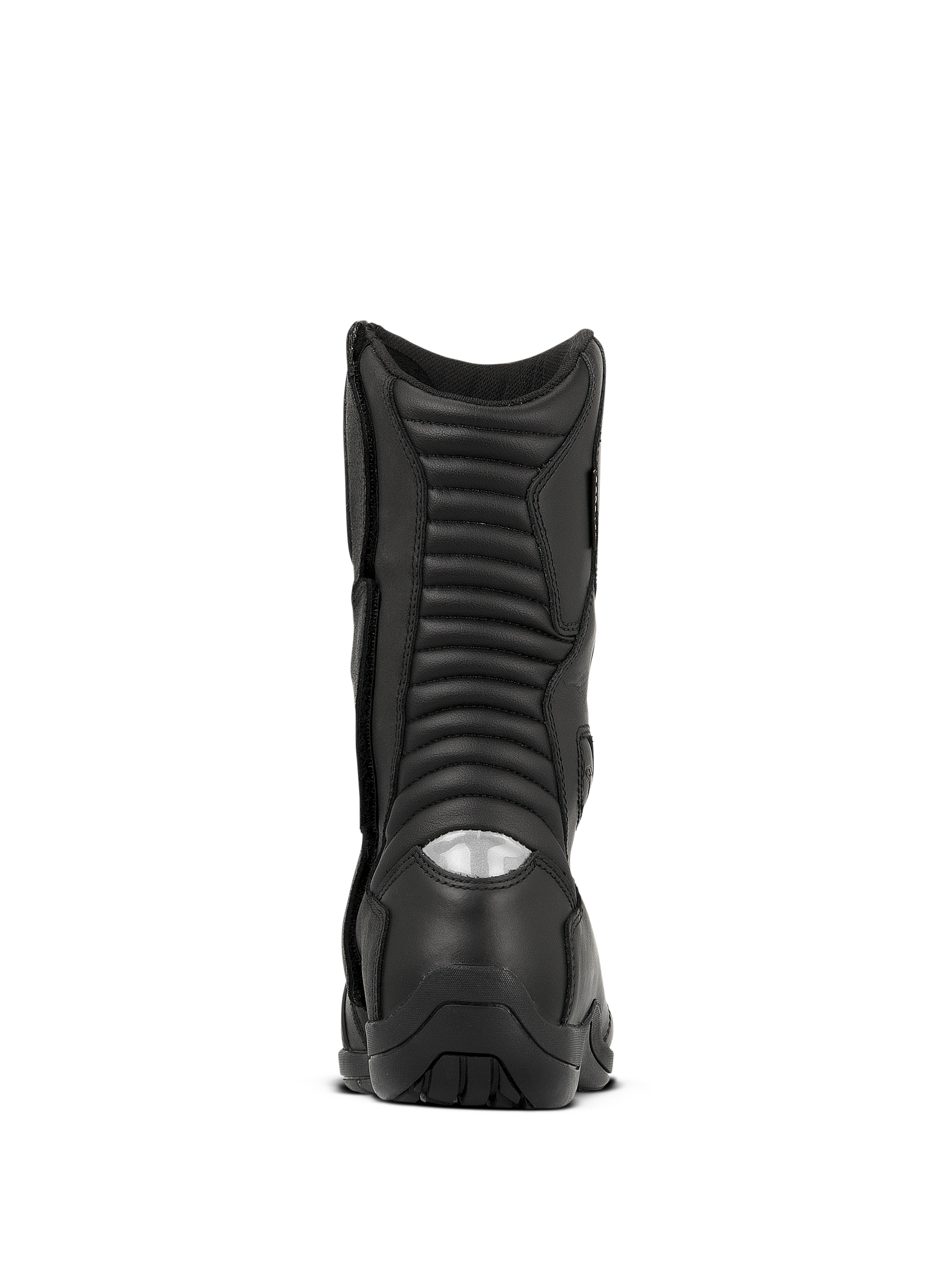 Alpinestars Web GORE-TEX Boots, waterproof motorcycle touring boots, Black, rear view featuring ribbed accordion flex zones and a reflective heel insert for night visibility, durable leather construction with a rugged sole